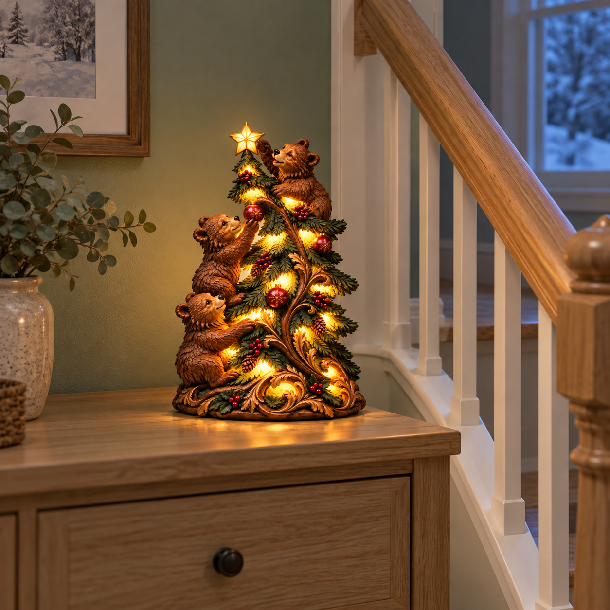Vintage Lighted Christmas Tree with Three Bears