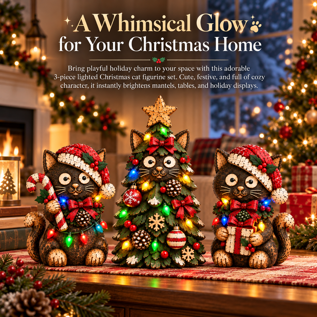 Lighted Christmas Cat Figurine Set