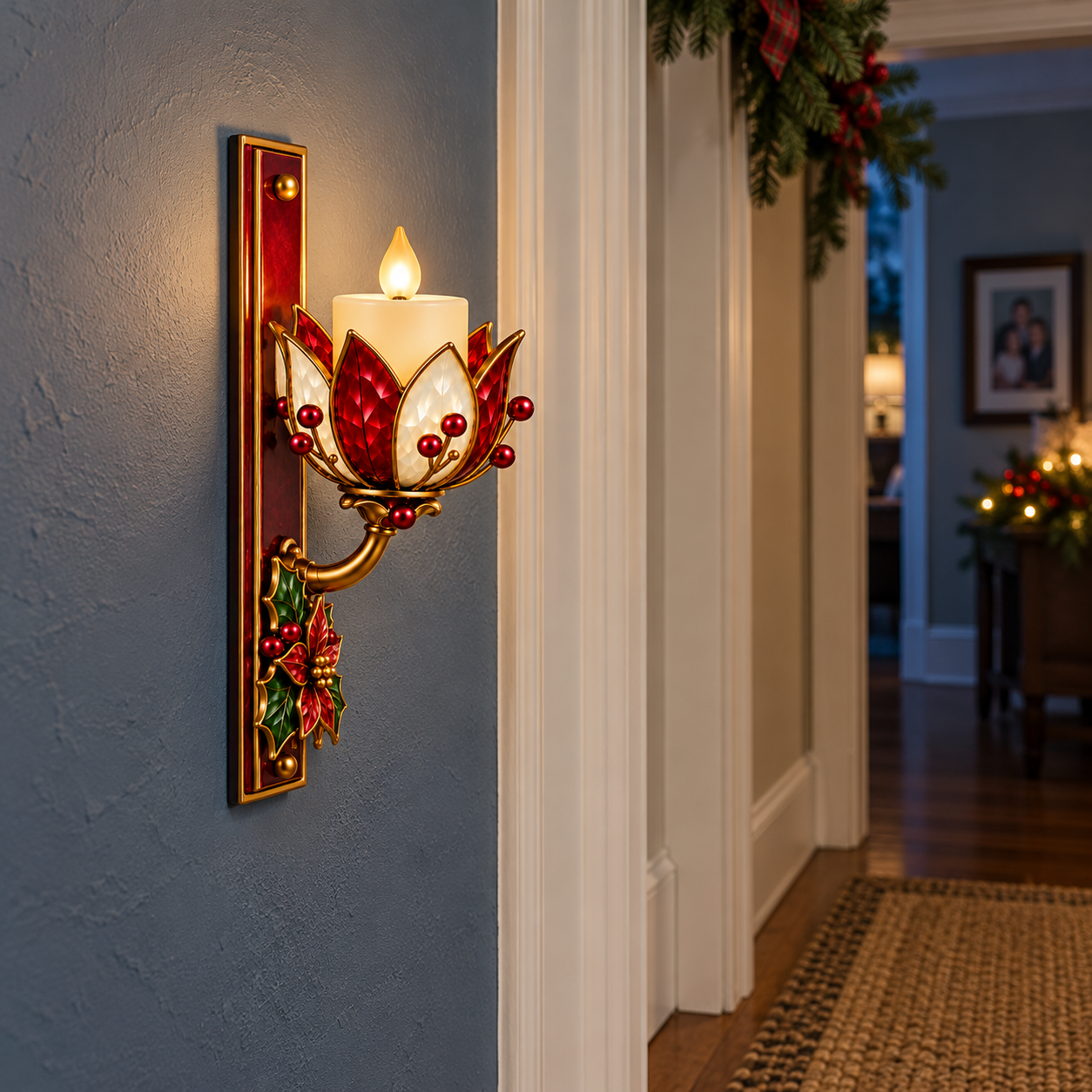 Vintage Poinsettia LED Candle Wall Sconce with Remote