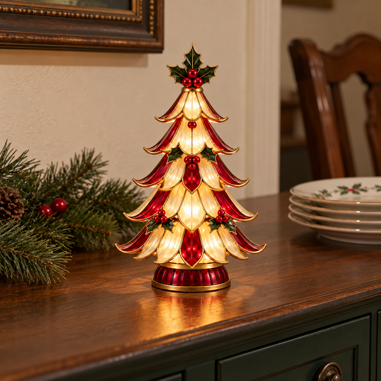 Vintage Ruby & Ivory Lighted Christmas Petal Tree