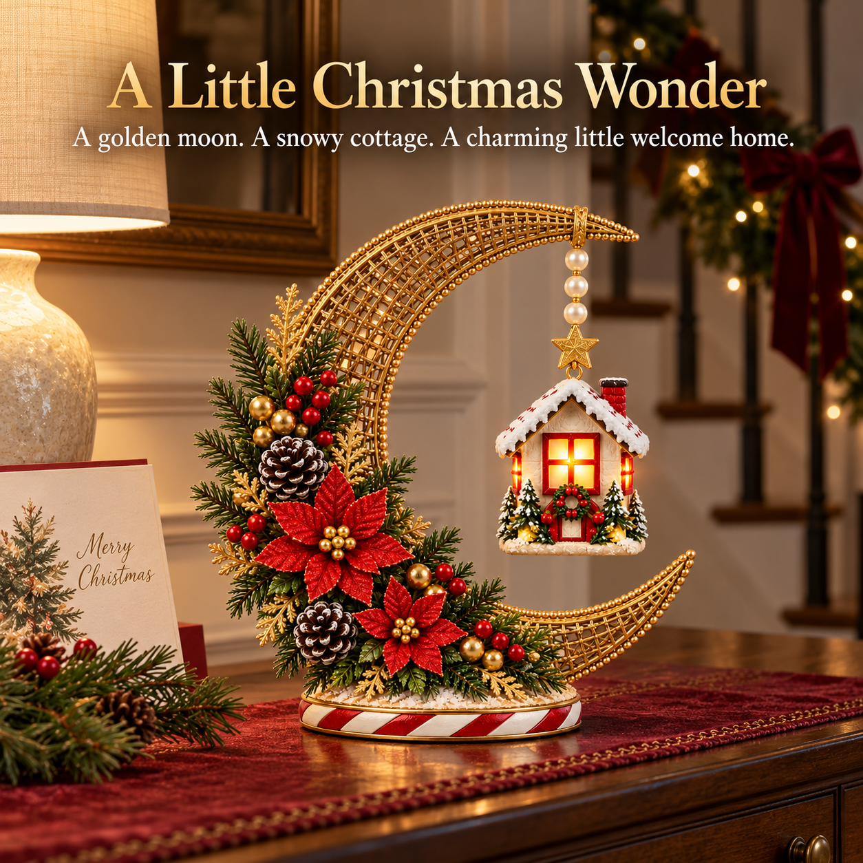 Vintage Lighted Christmas Crescent Moon Cottage