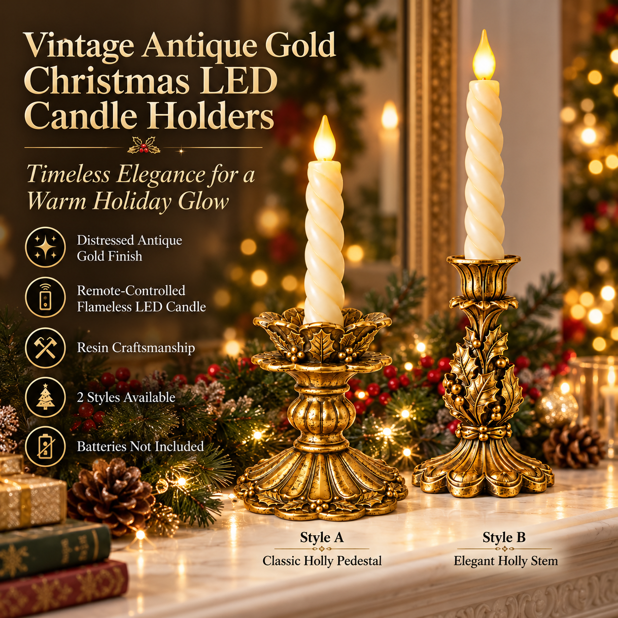 Vintage Antique Gold Christmas LED Candle Holders