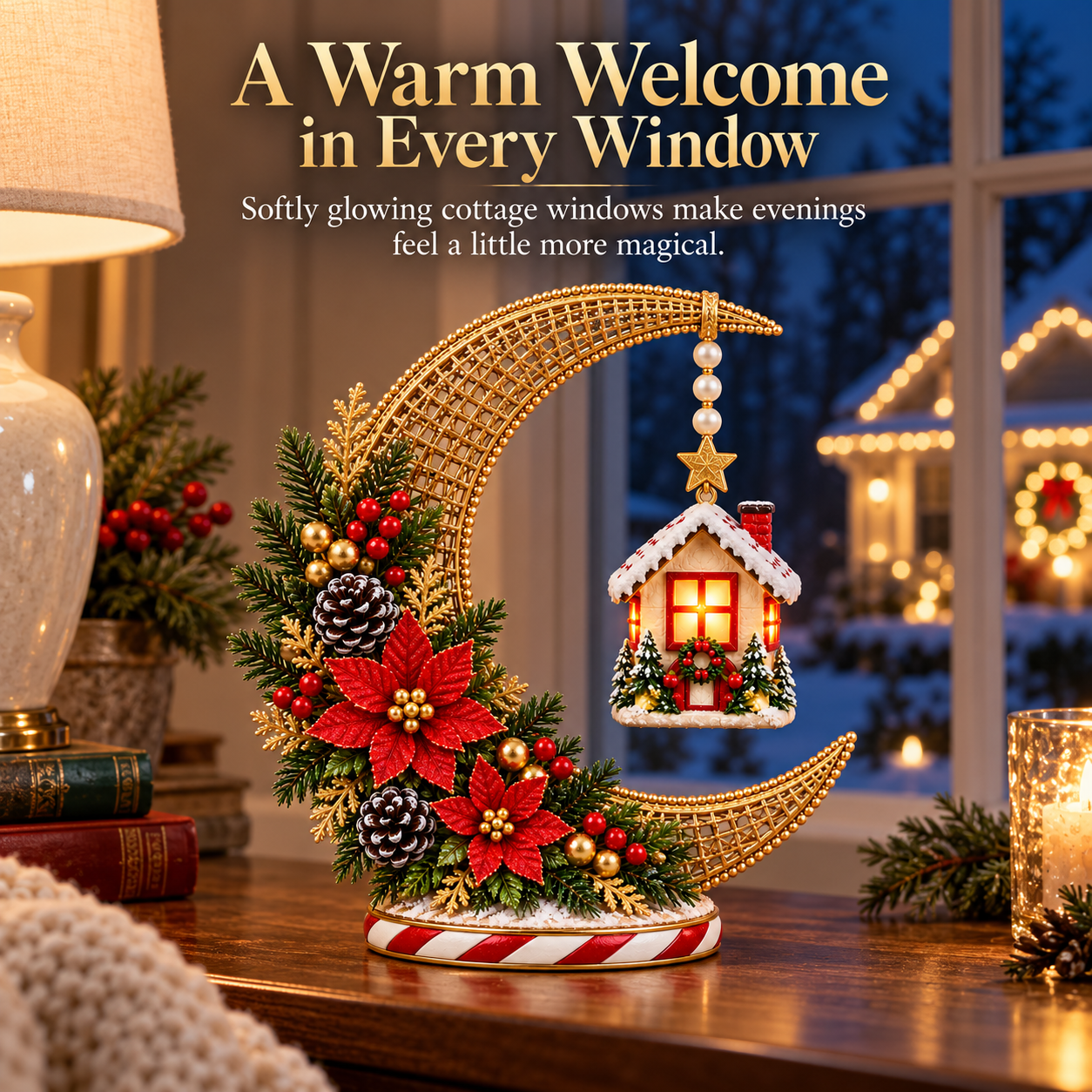 Vintage Lighted Christmas Crescent Moon Cottage