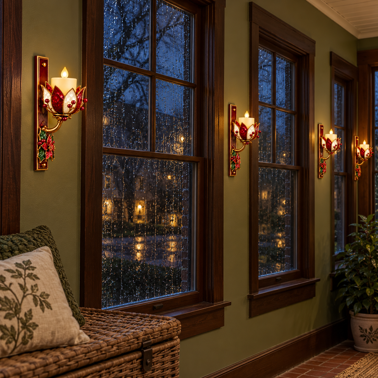 Vintage Poinsettia LED Candle Wall Sconce with Remote