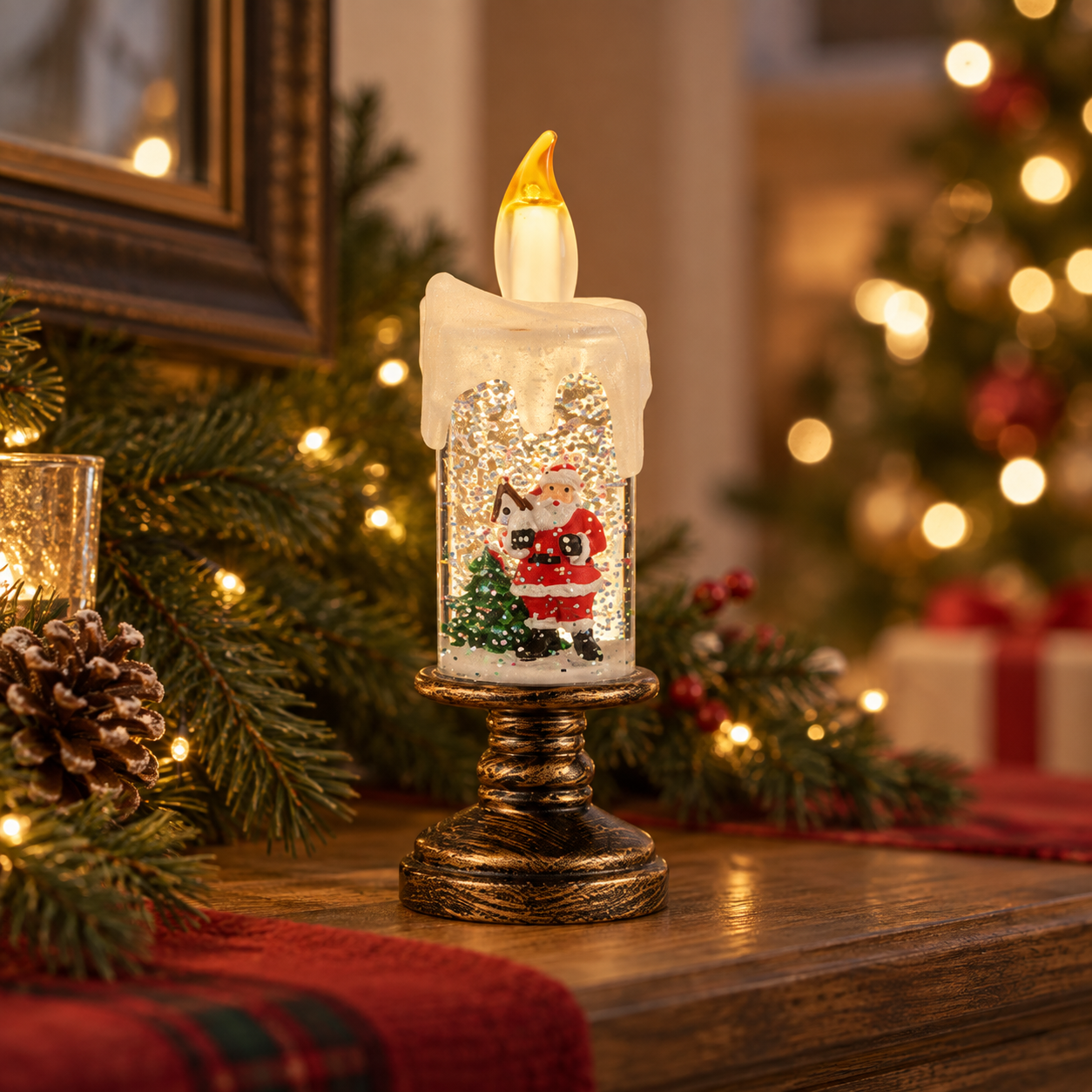 Vintage LED Christmas Candle Snow Globe Decoration – Santa, Tree, Snowman & Angel Holiday Light Decor