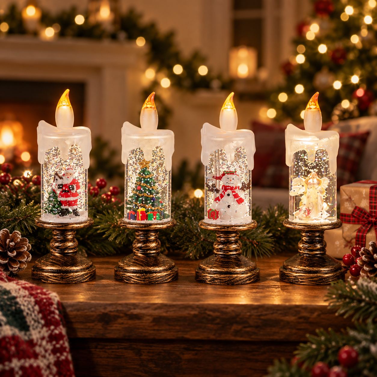 Vintage LED Christmas Candle Snow Globe Decoration – Santa, Tree, Snowman & Angel Holiday Light Decor