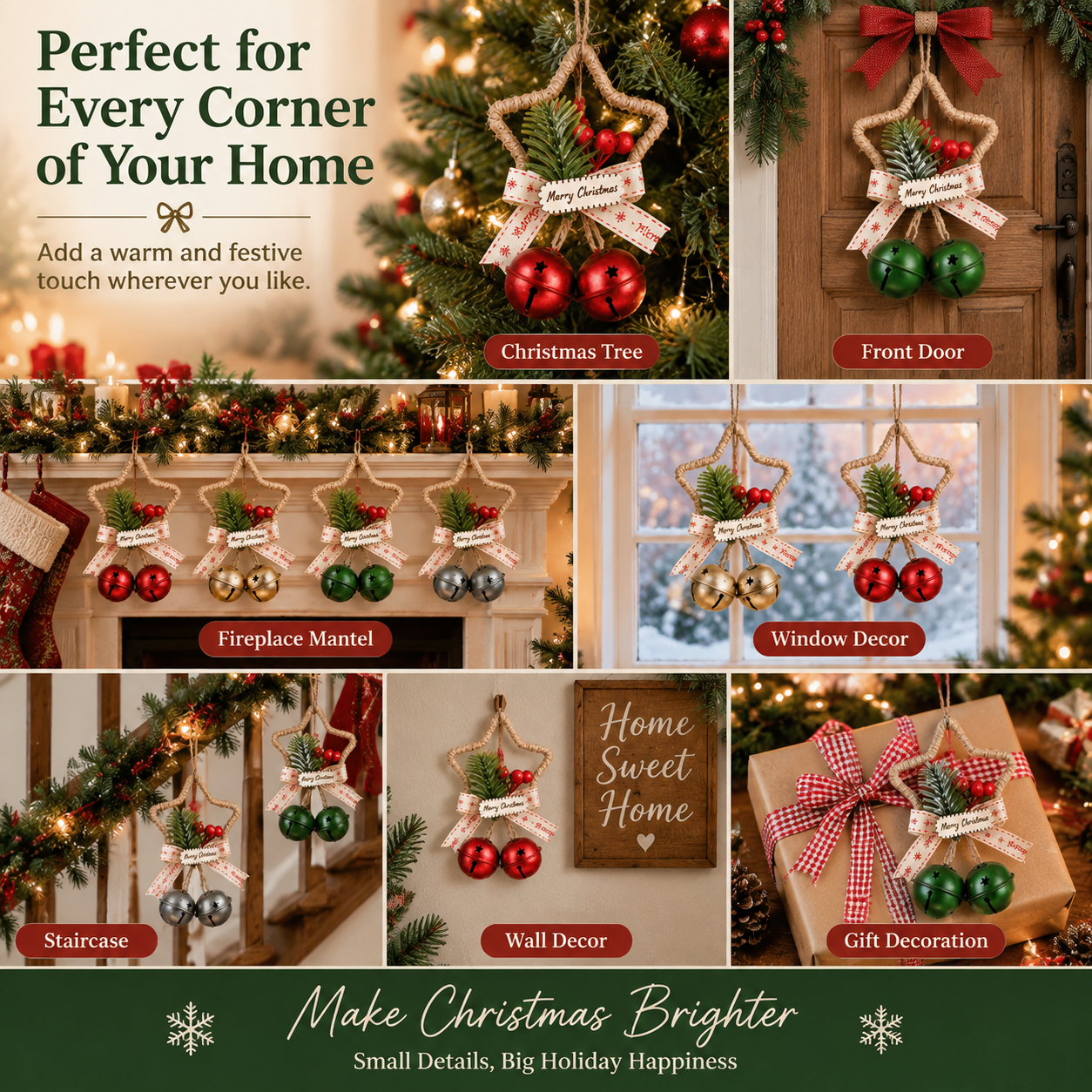 Rustic Christmas Star Bell Ornaments 4-Pack