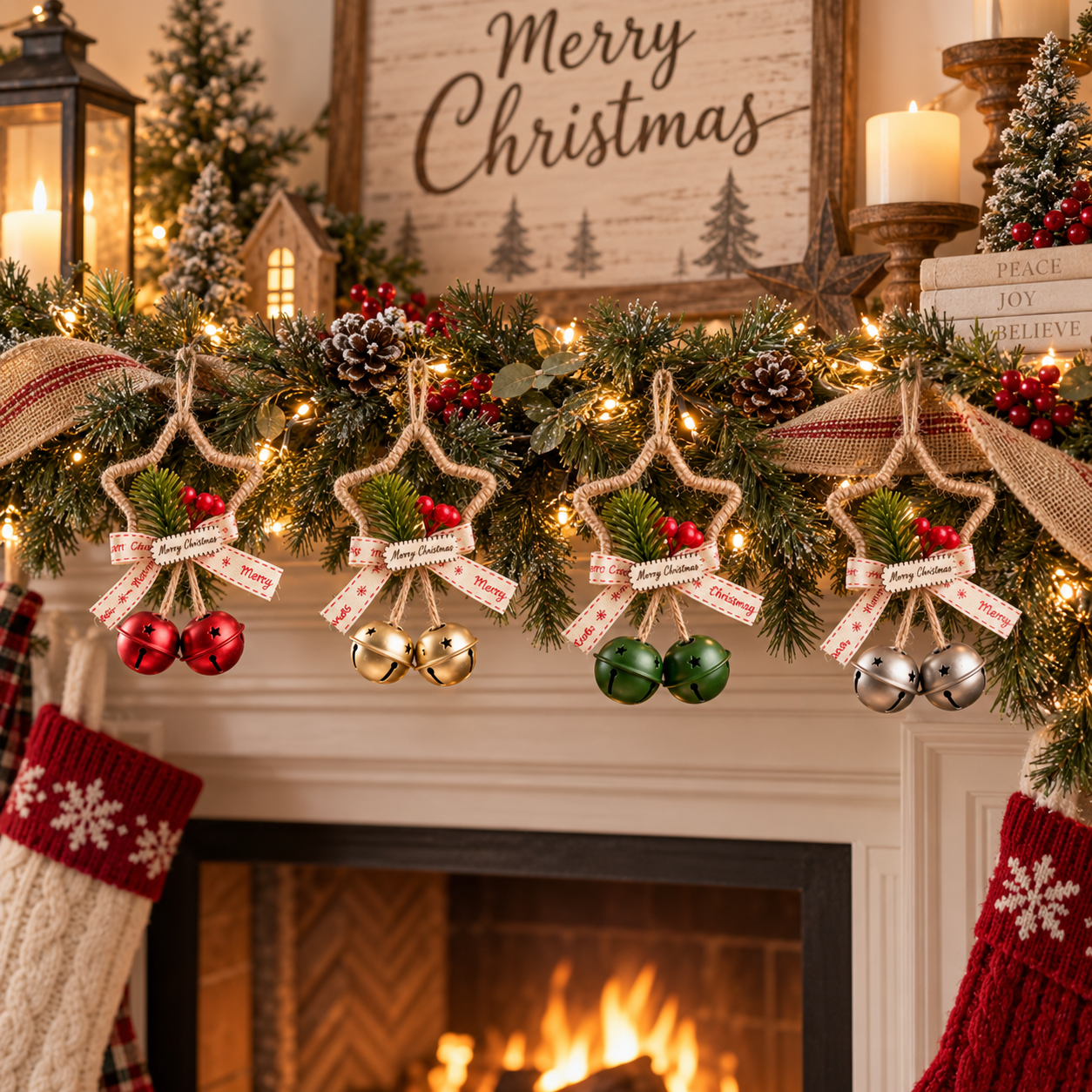 Rustic Christmas Star Bell Ornaments 4-Pack