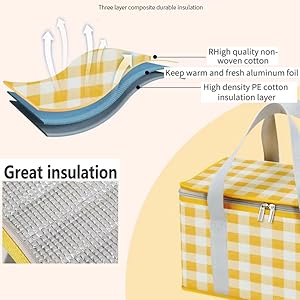 Insulated Bag Picnic Basket Bags Beach Bag Foldable Cooler Bag Reusable with Zippered top-for Warm or Cold Picnic Accessories, Outdoo