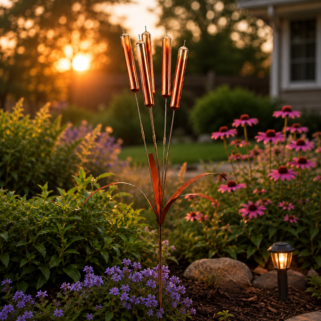 Copper Cattail Wind Chimes Metal Garden Stake Decor, 20 Inch Realistic Outdoor Yard Art