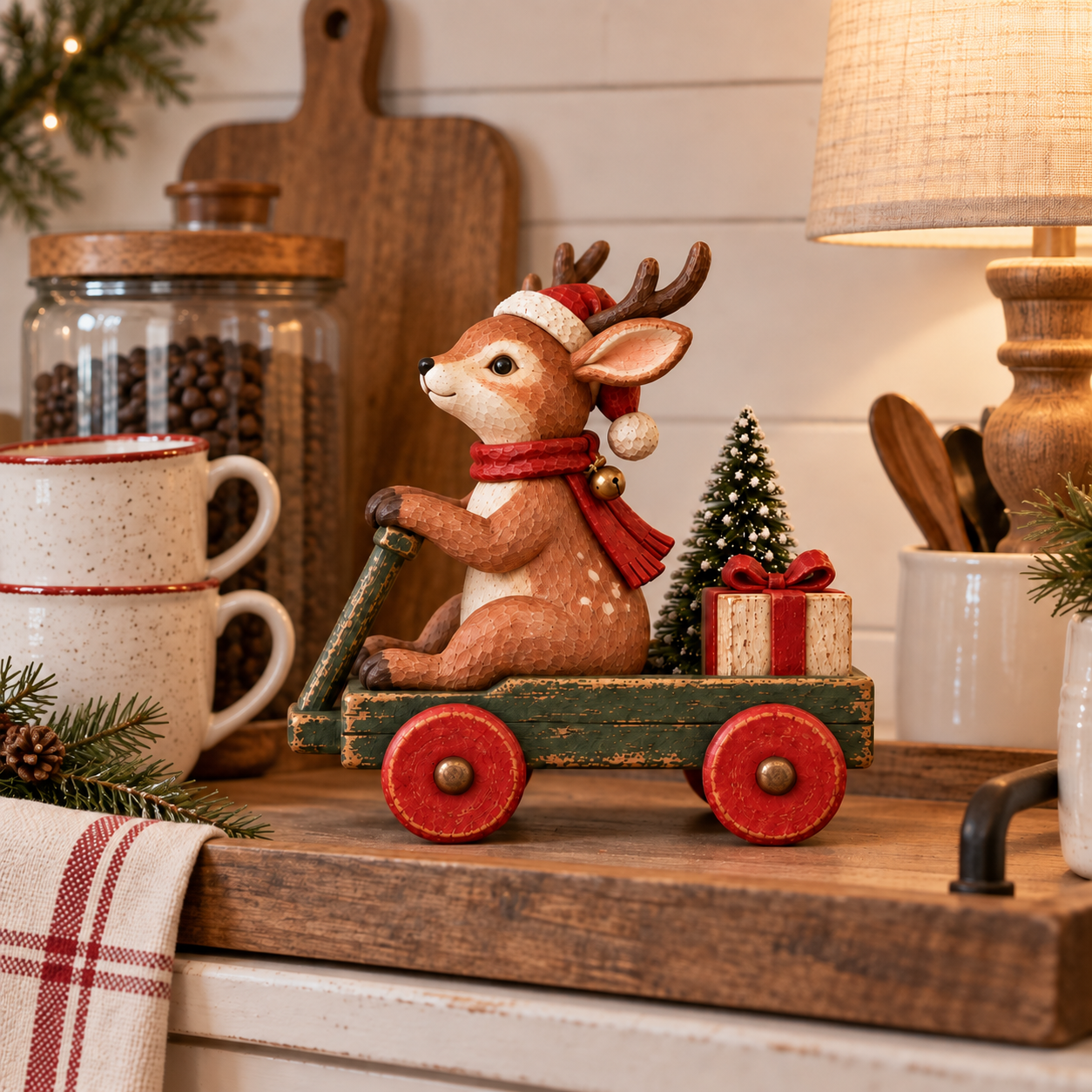 Vintage Christmas Reindeer Wagon Figurine