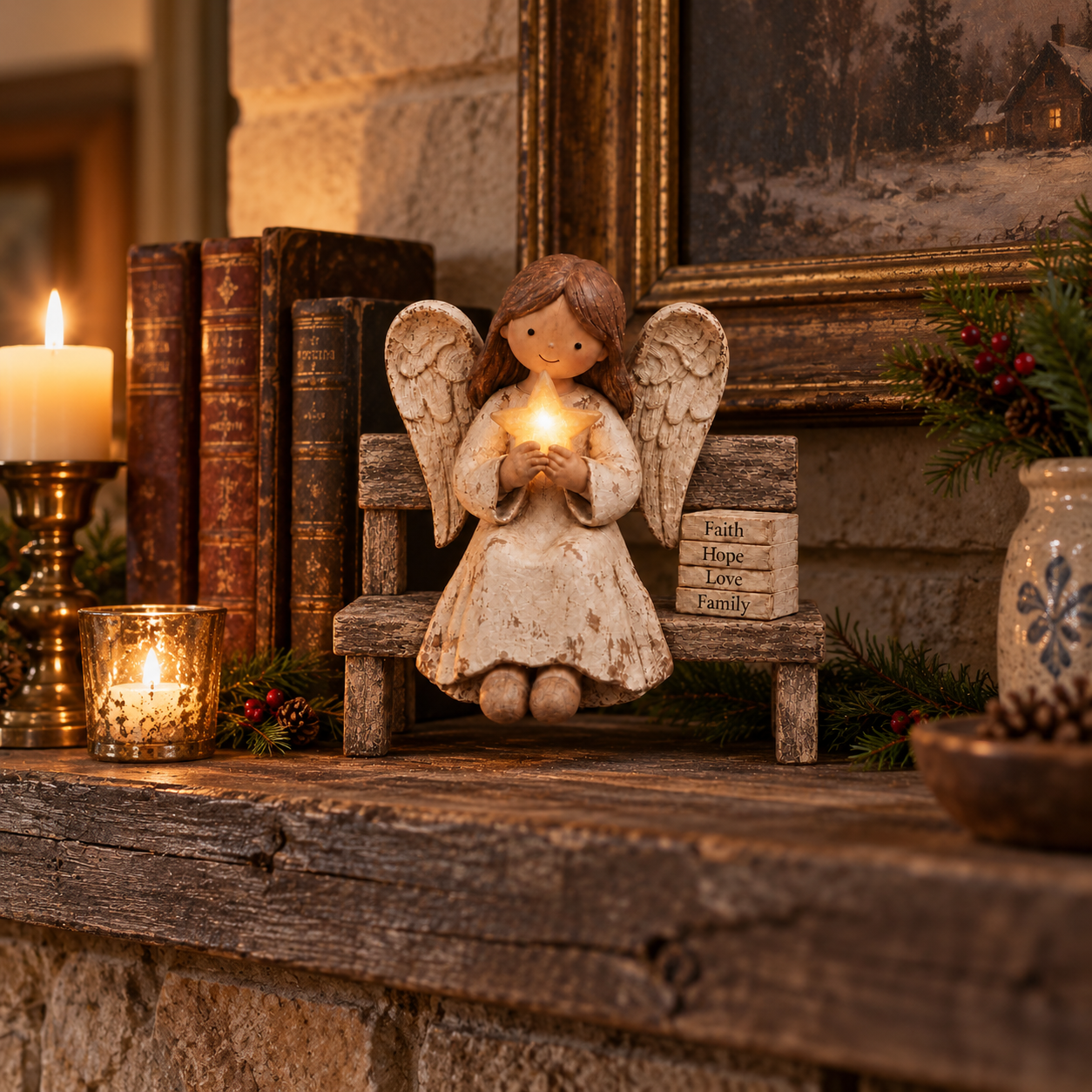 Vintage Guardian Angel Christmas Figurine with Light
