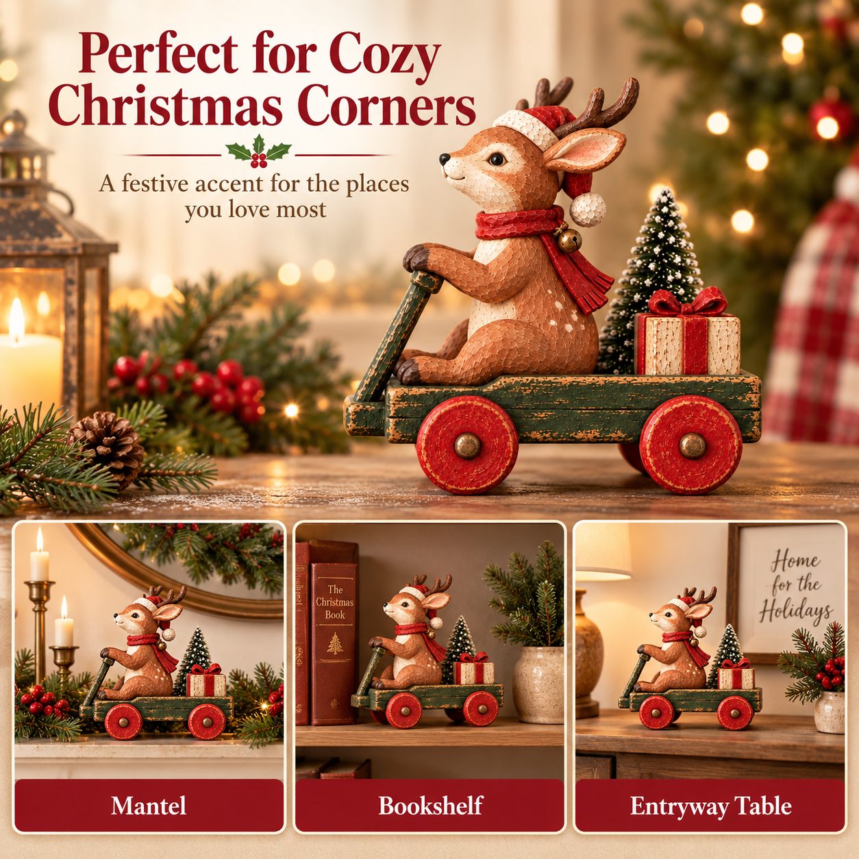 Vintage Christmas Reindeer Wagon Figurine