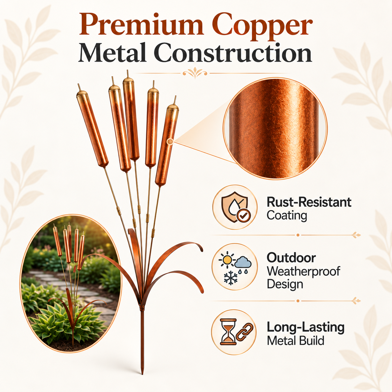 Copper Cattail Wind Chimes Metal Garden Stake Decor, 20 Inch Realistic Outdoor Yard Art
