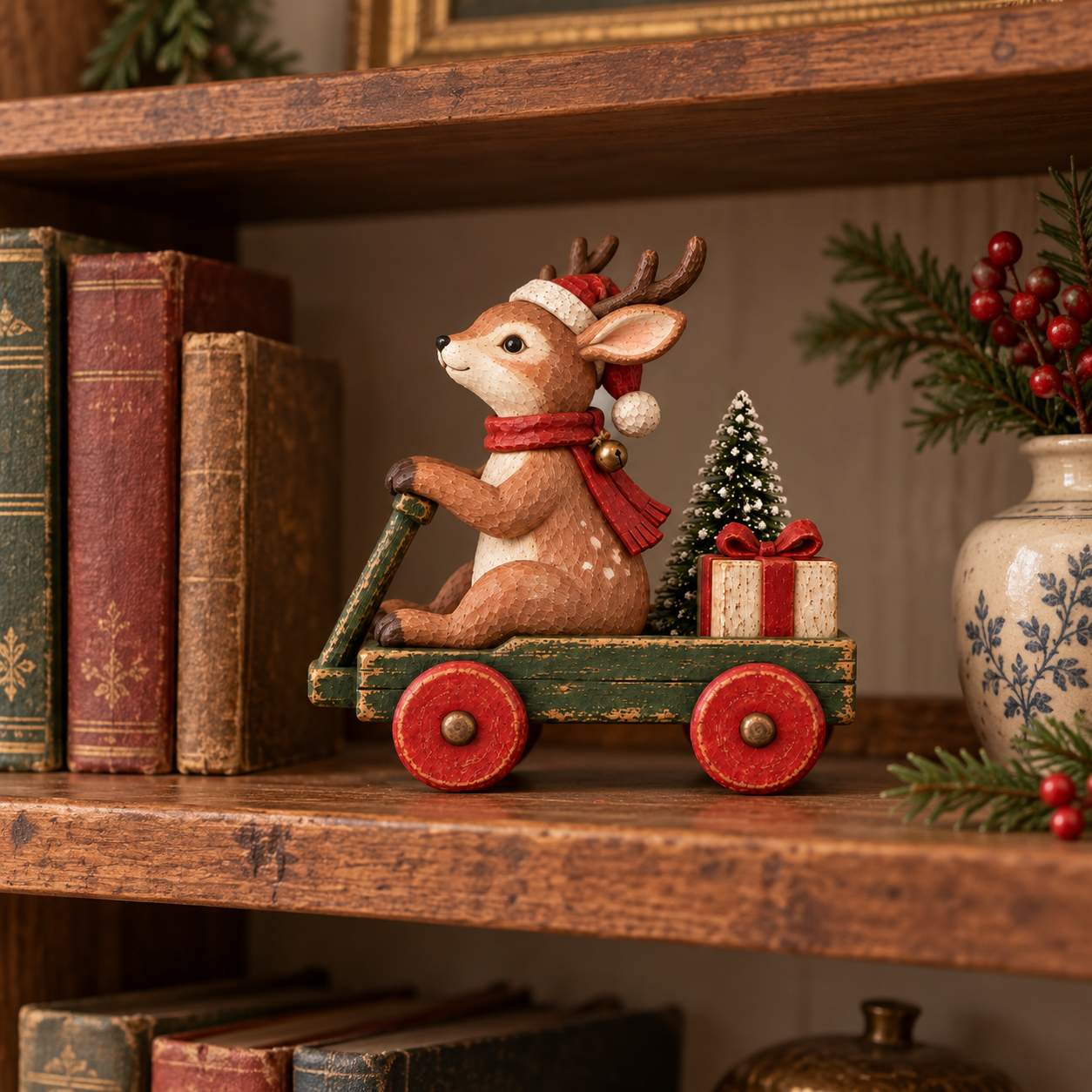 Vintage Christmas Reindeer Wagon Figurine