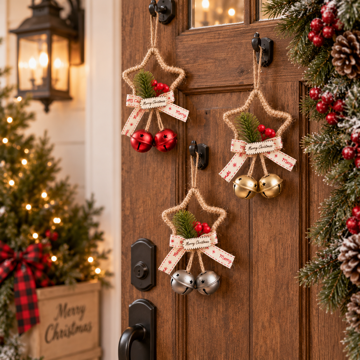 Rustic Christmas Star Bell Ornaments 4-Pack
