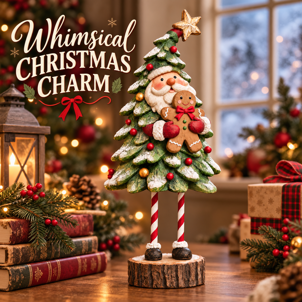 Whimsical Santa Christmas Tree Figurine with Gingerbread Man