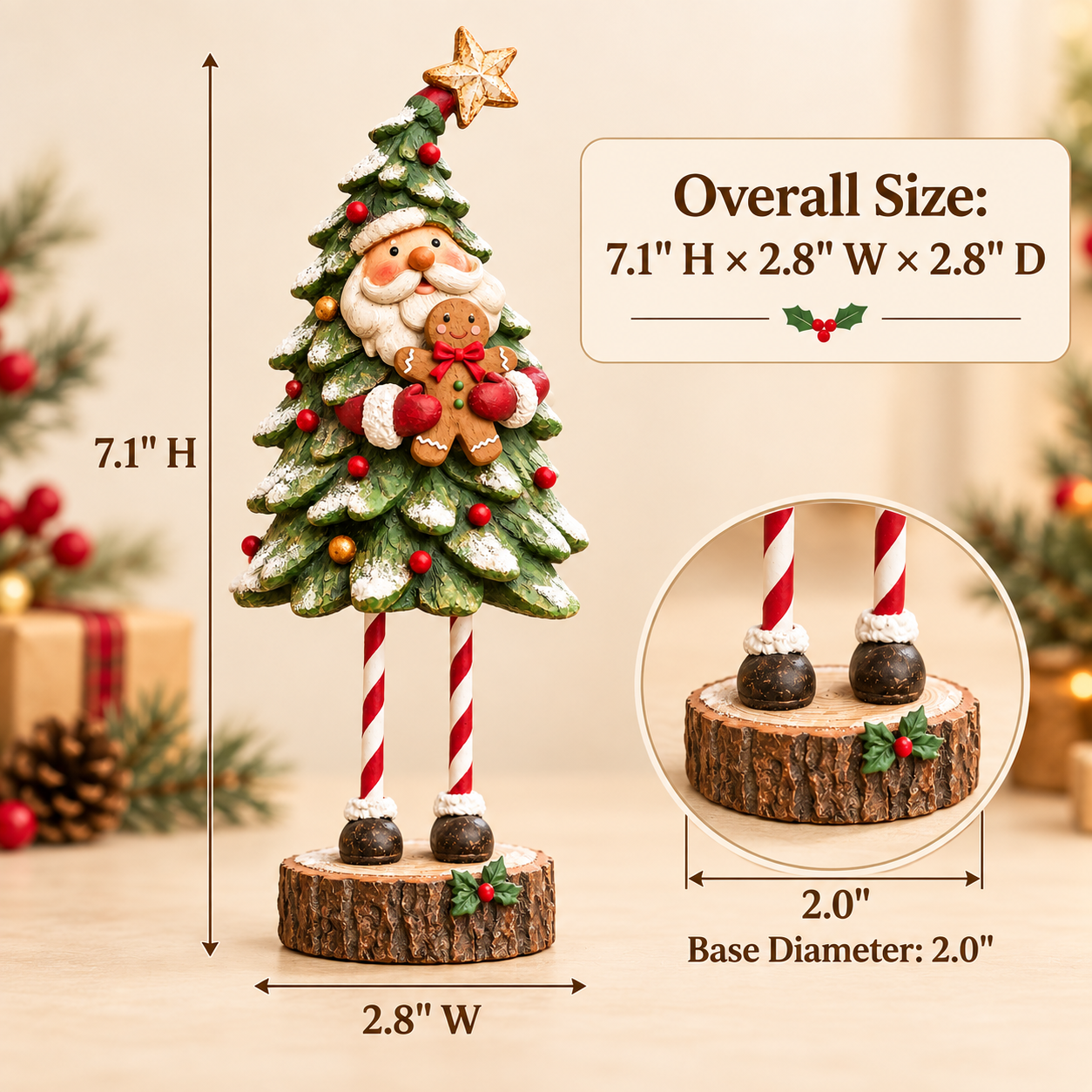 Whimsical Santa Christmas Tree Figurine with Gingerbread Man