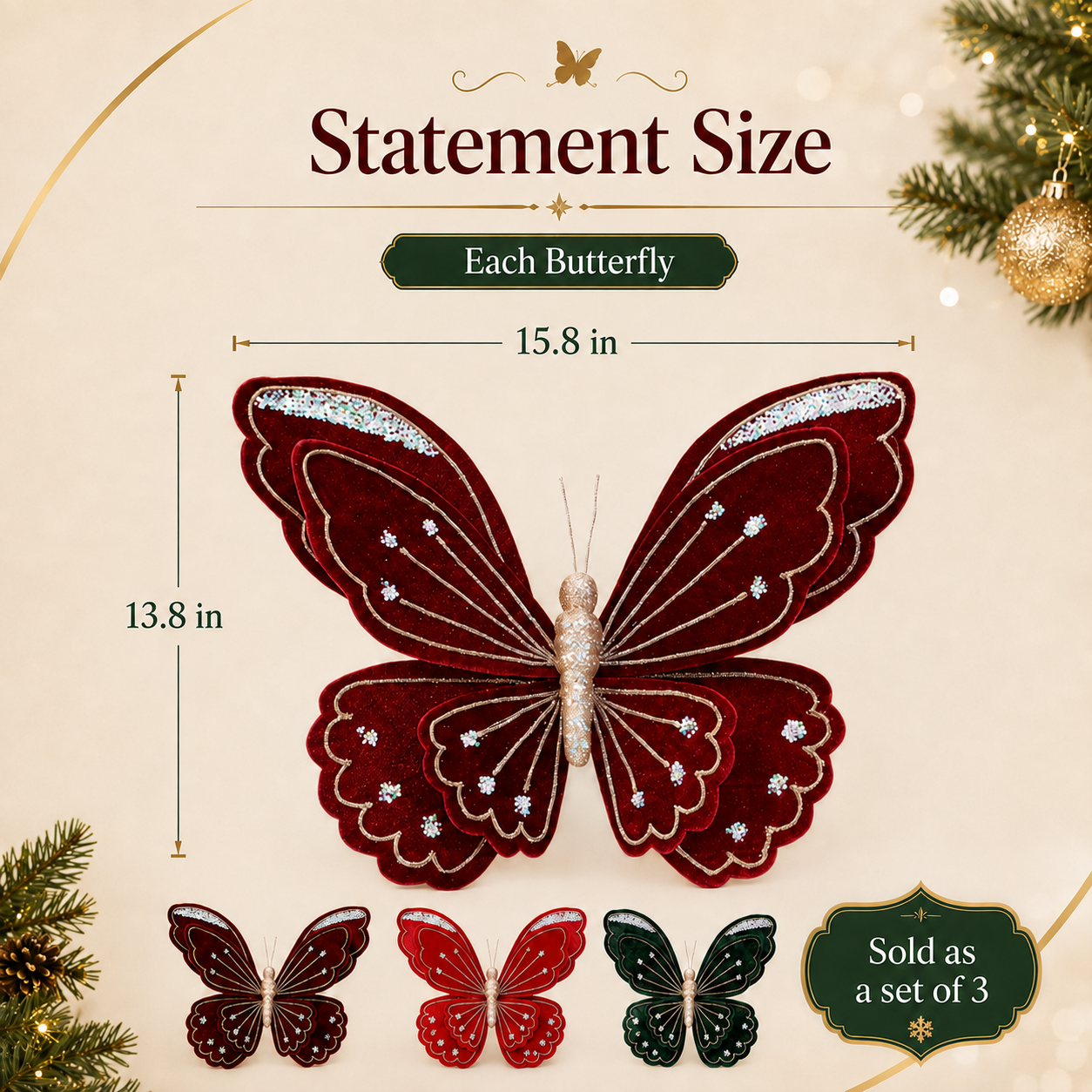 3-Piece Velvet Butterfly Christmas Decorations - 15.8 × 13.8 in