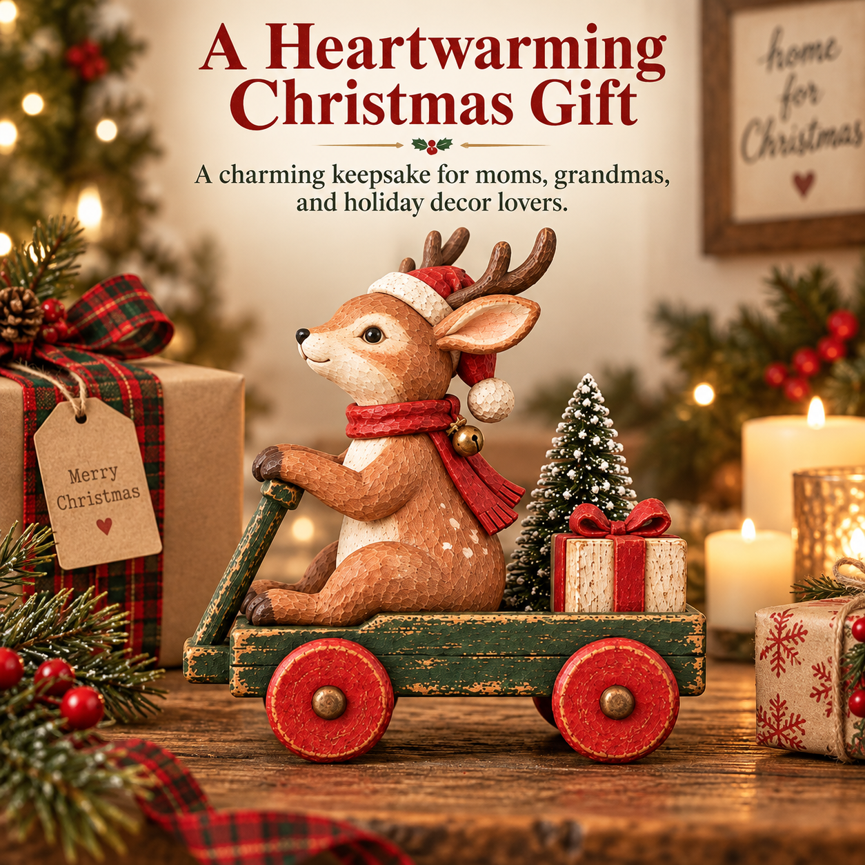 Vintage Christmas Reindeer Wagon Figurine
