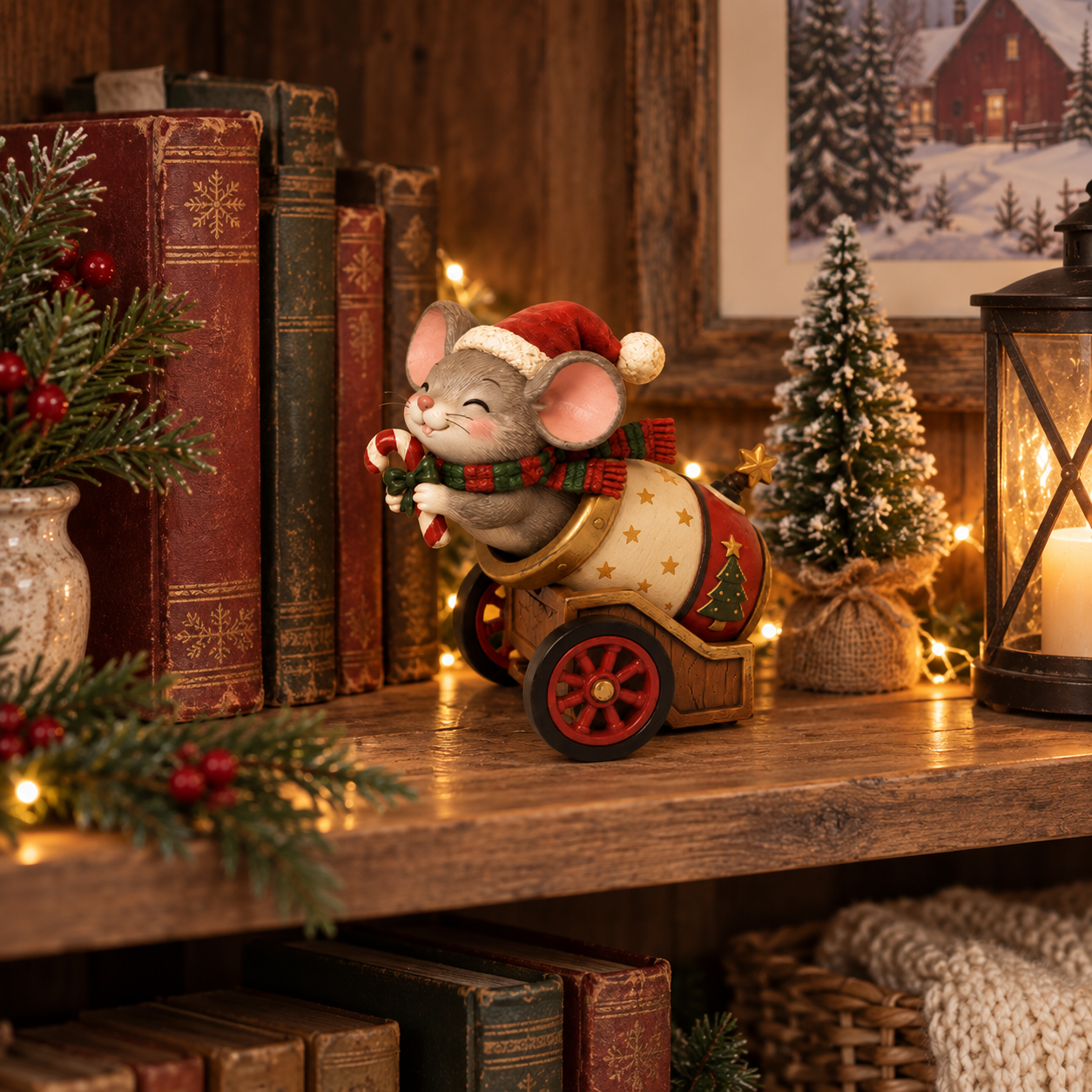 Vintage Christmas Mouse Cannon Figurine