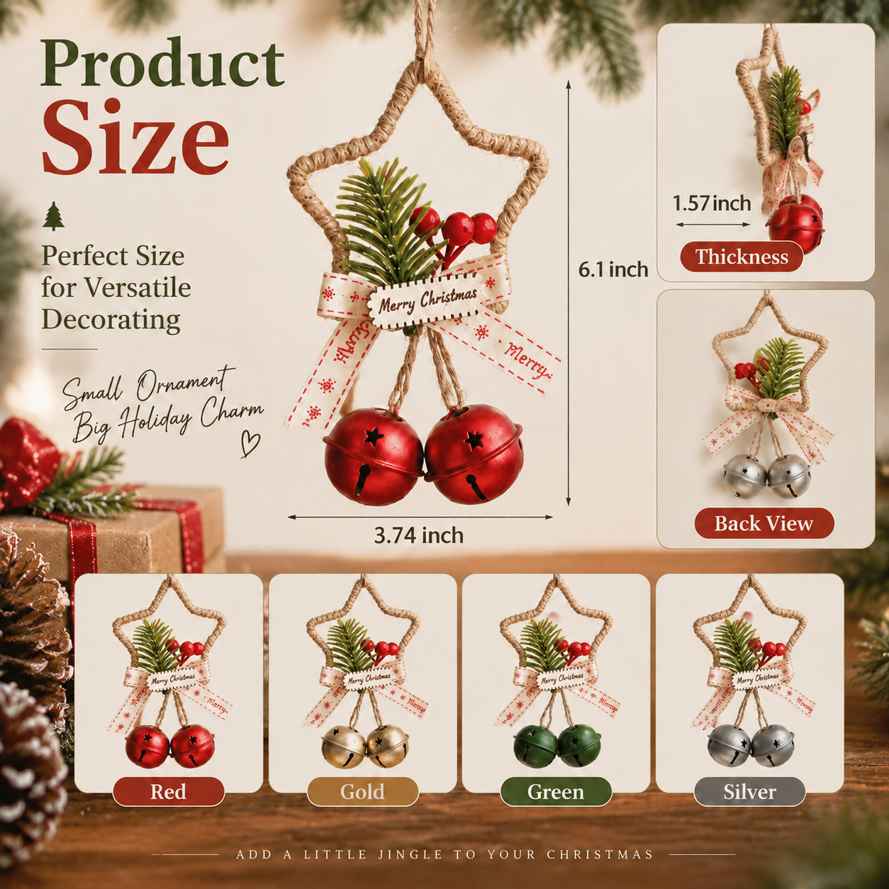 Rustic Christmas Star Bell Ornaments 4-Pack
