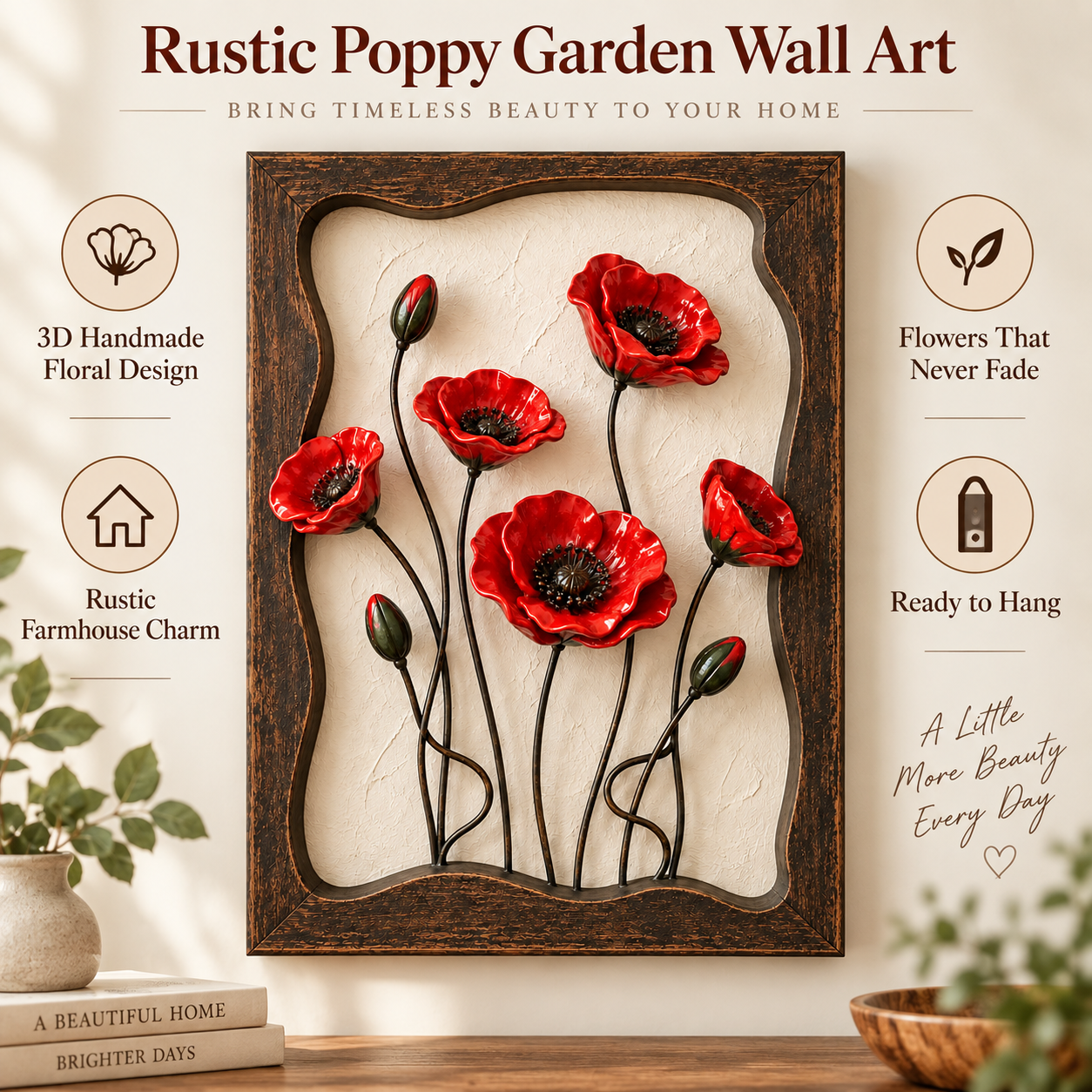 Rustic Poppy Garden Metal Wall Art