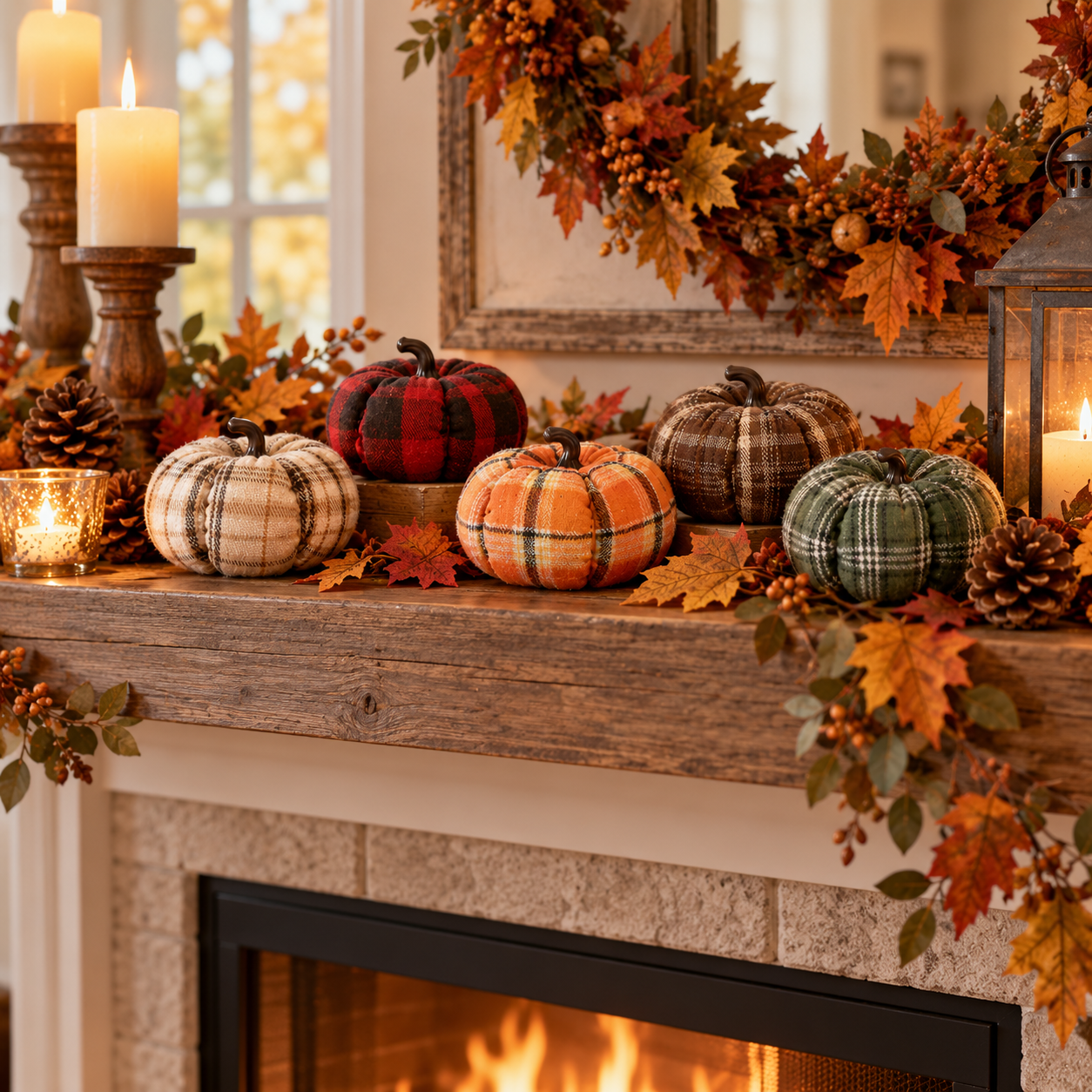 5-Pack Plaid Fabric Pumpkins Fall Decor Set – Cozy Rustic Thanksgiving Table Decorations 