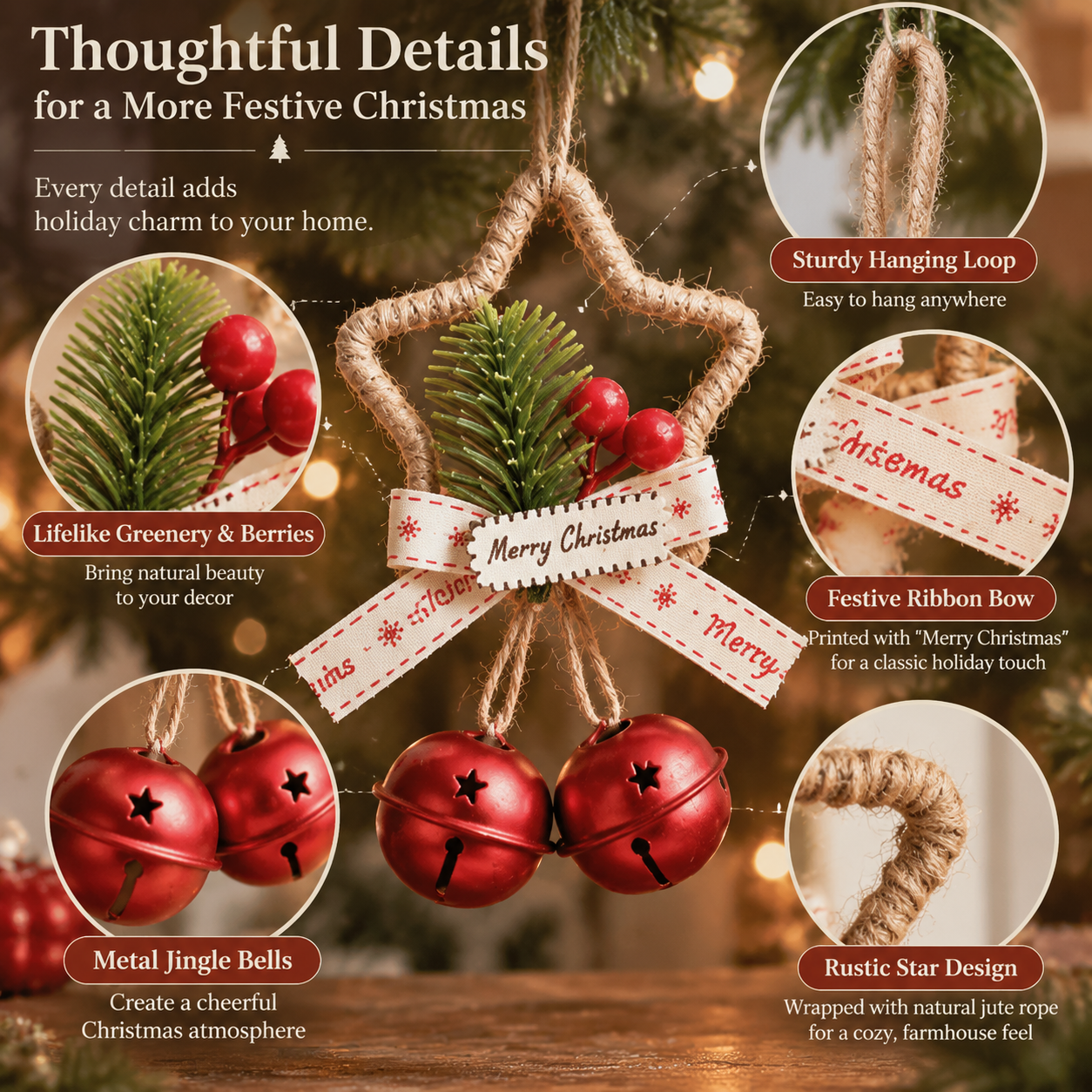 Rustic Christmas Star Bell Ornaments 4-Pack