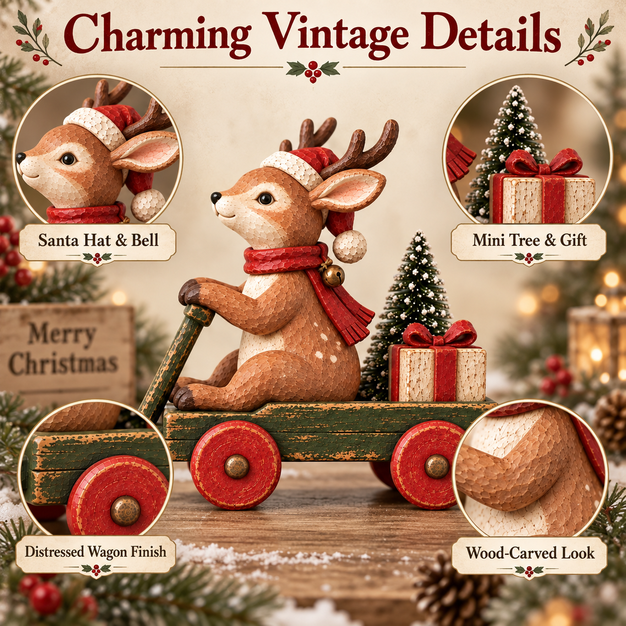 Vintage Christmas Reindeer Wagon Figurine