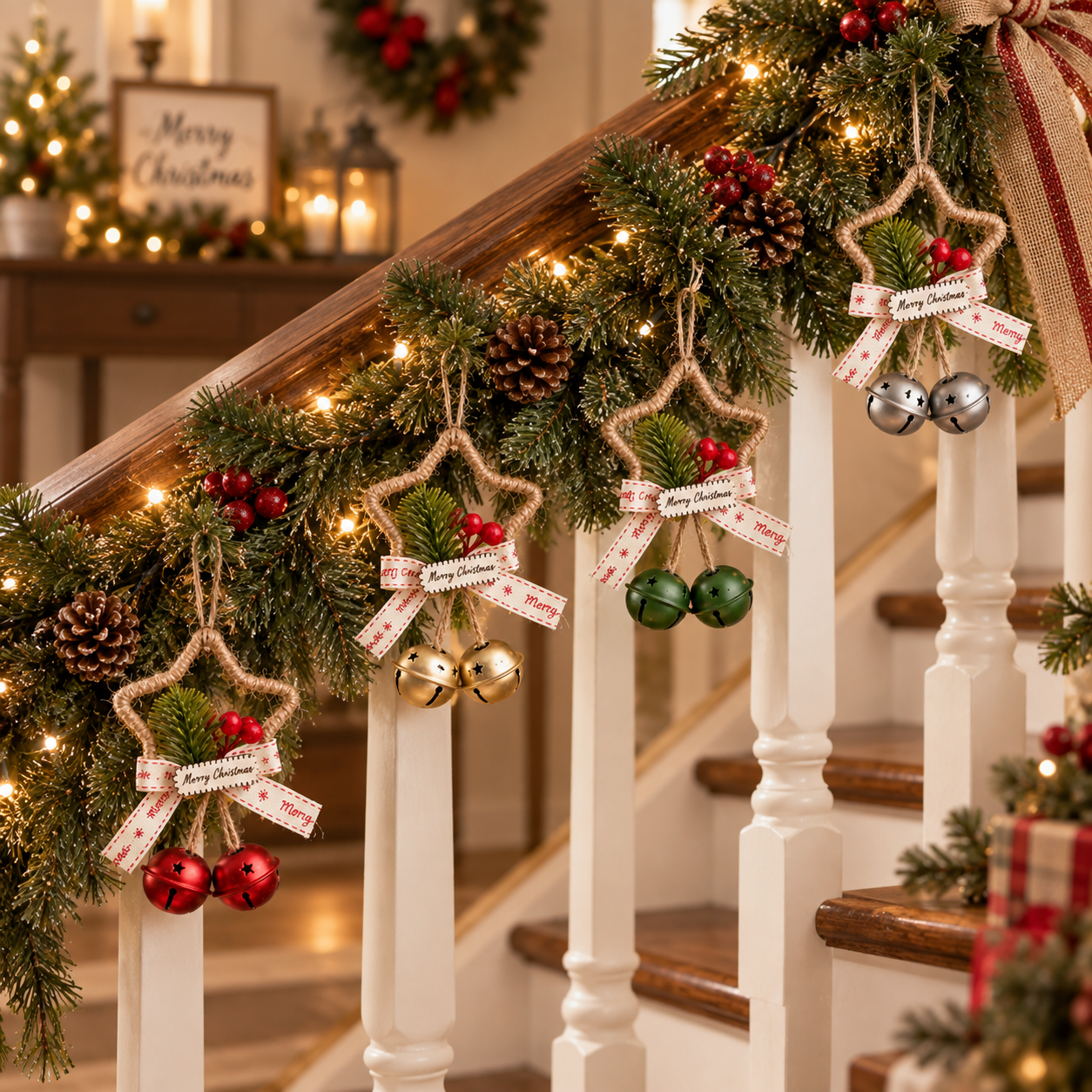 Rustic Christmas Star Bell Ornaments 4-Pack