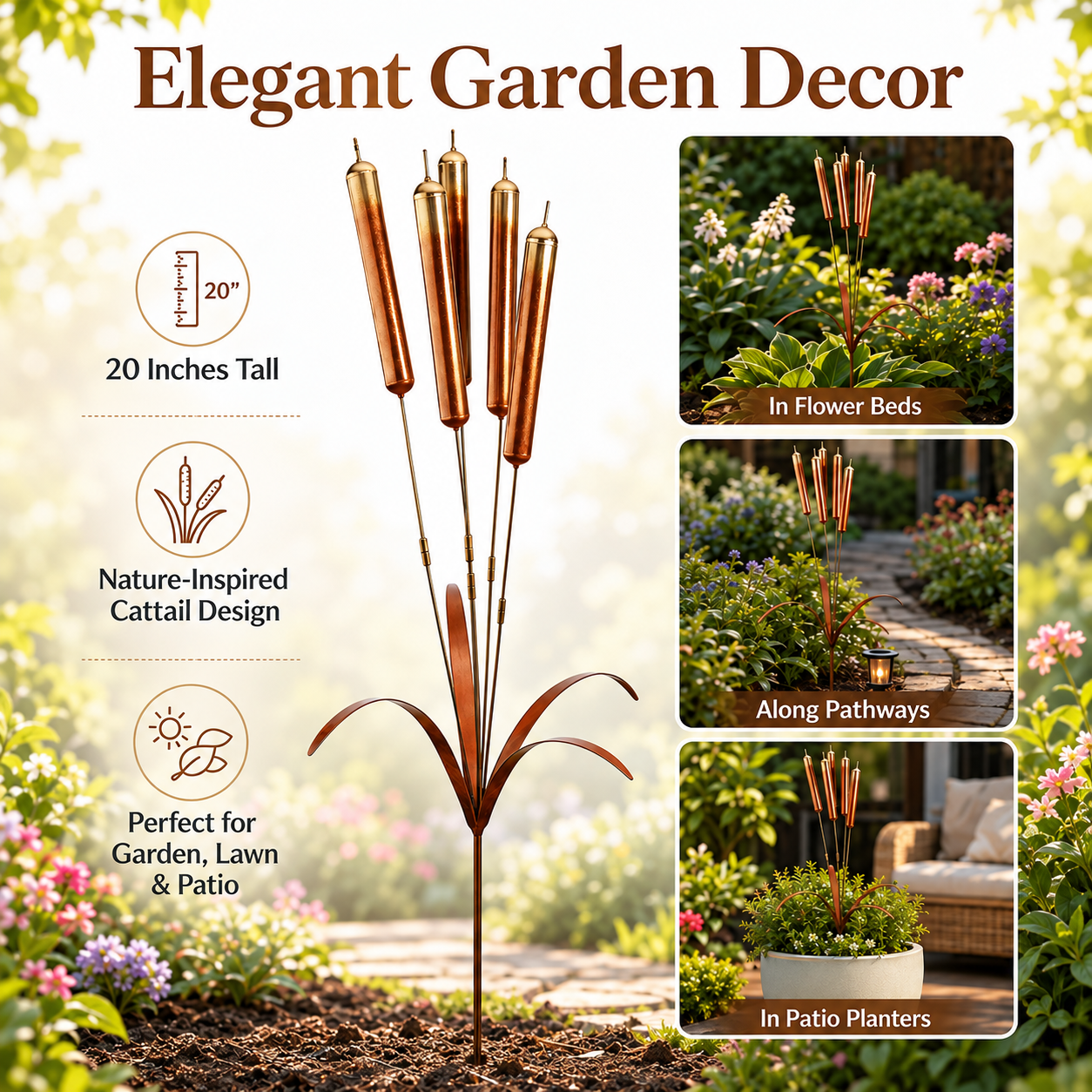 Copper Cattail Wind Chimes Metal Garden Stake Decor, 20 Inch Realistic Outdoor Yard Art
