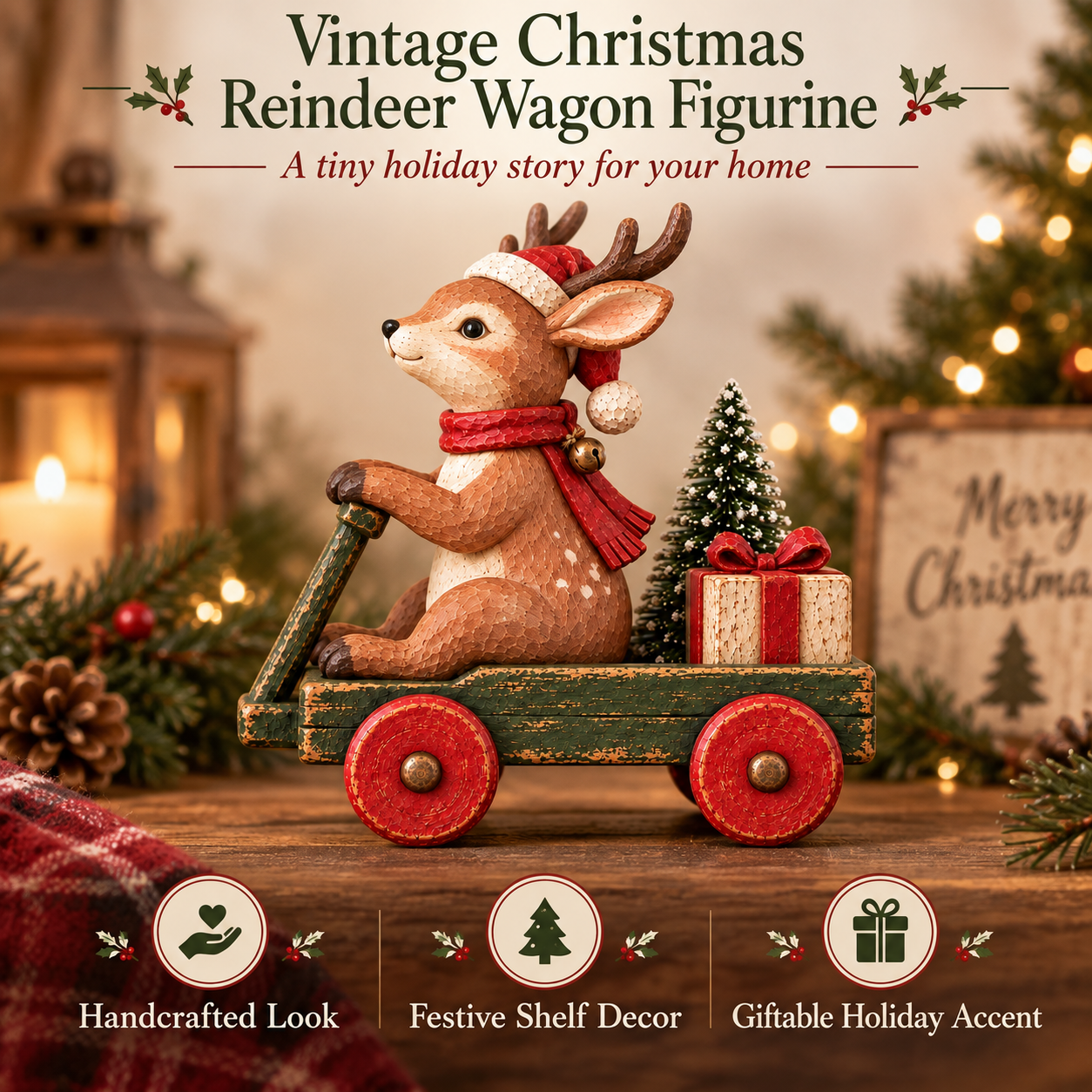 Vintage Christmas Reindeer Wagon Figurine