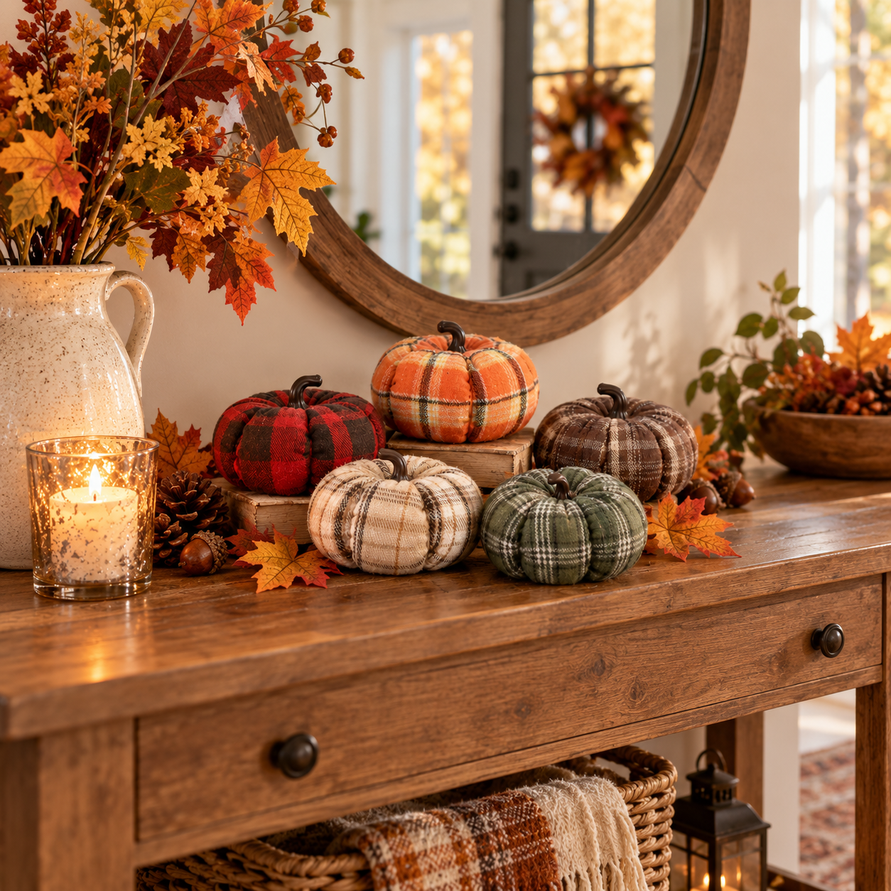 5-Pack Plaid Fabric Pumpkins Fall Decor Set – Cozy Rustic Thanksgiving Table Decorations 