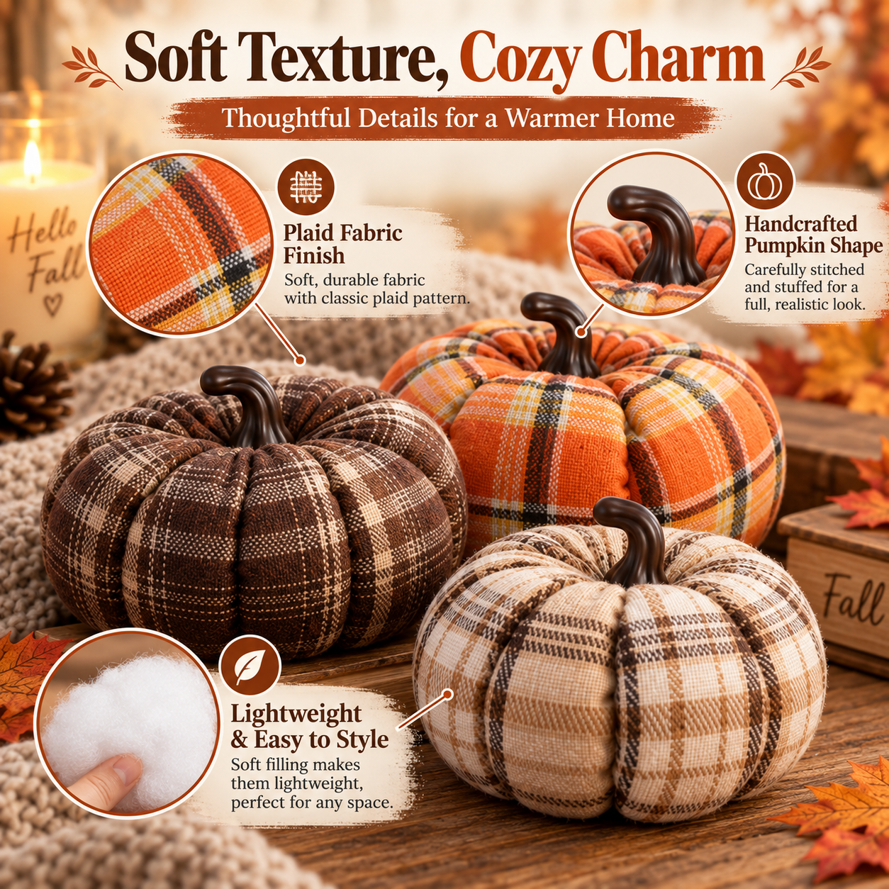 5-Pack Plaid Fabric Pumpkins Fall Decor Set – Cozy Rustic Thanksgiving Table Decorations 