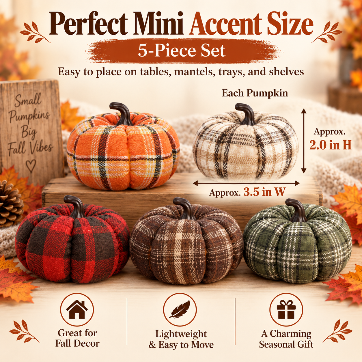 5-Pack Plaid Fabric Pumpkins Fall Decor Set – Cozy Rustic Thanksgiving Table Decorations 