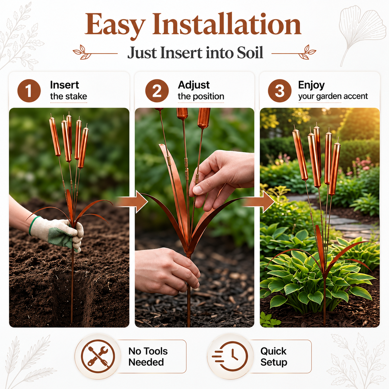 Copper Cattail Wind Chimes Metal Garden Stake Decor, 20 Inch Realistic Outdoor Yard Art