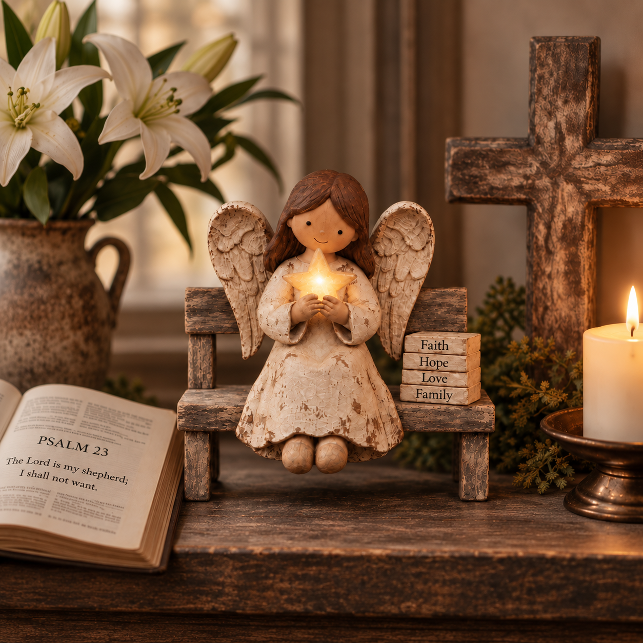 Vintage Guardian Angel Christmas Figurine with Light