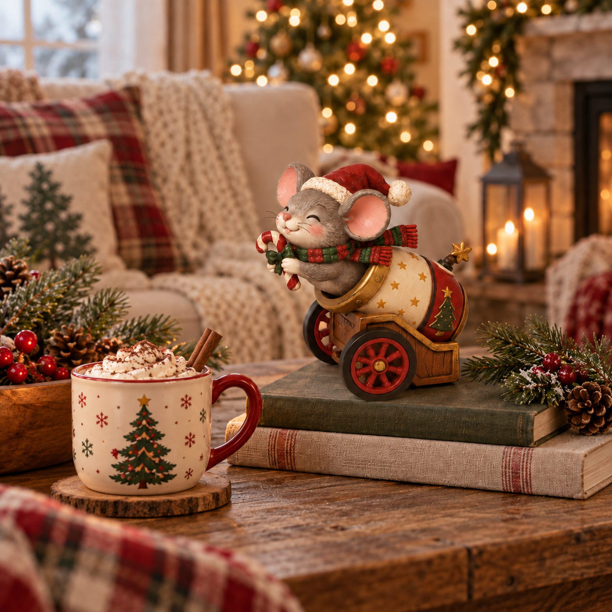 Vintage Christmas Mouse Cannon Figurine