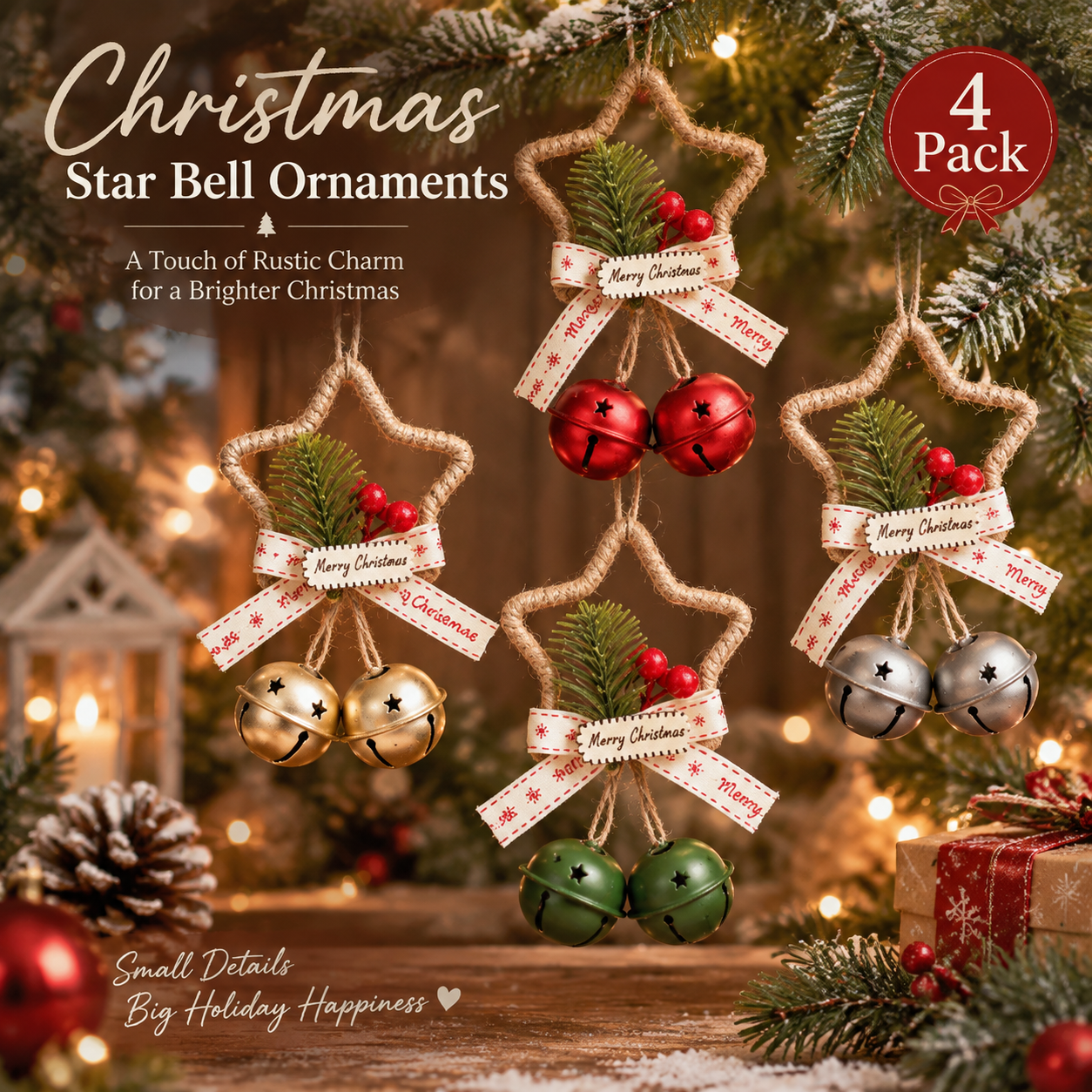 Rustic Christmas Star Bell Ornaments 4-Pack