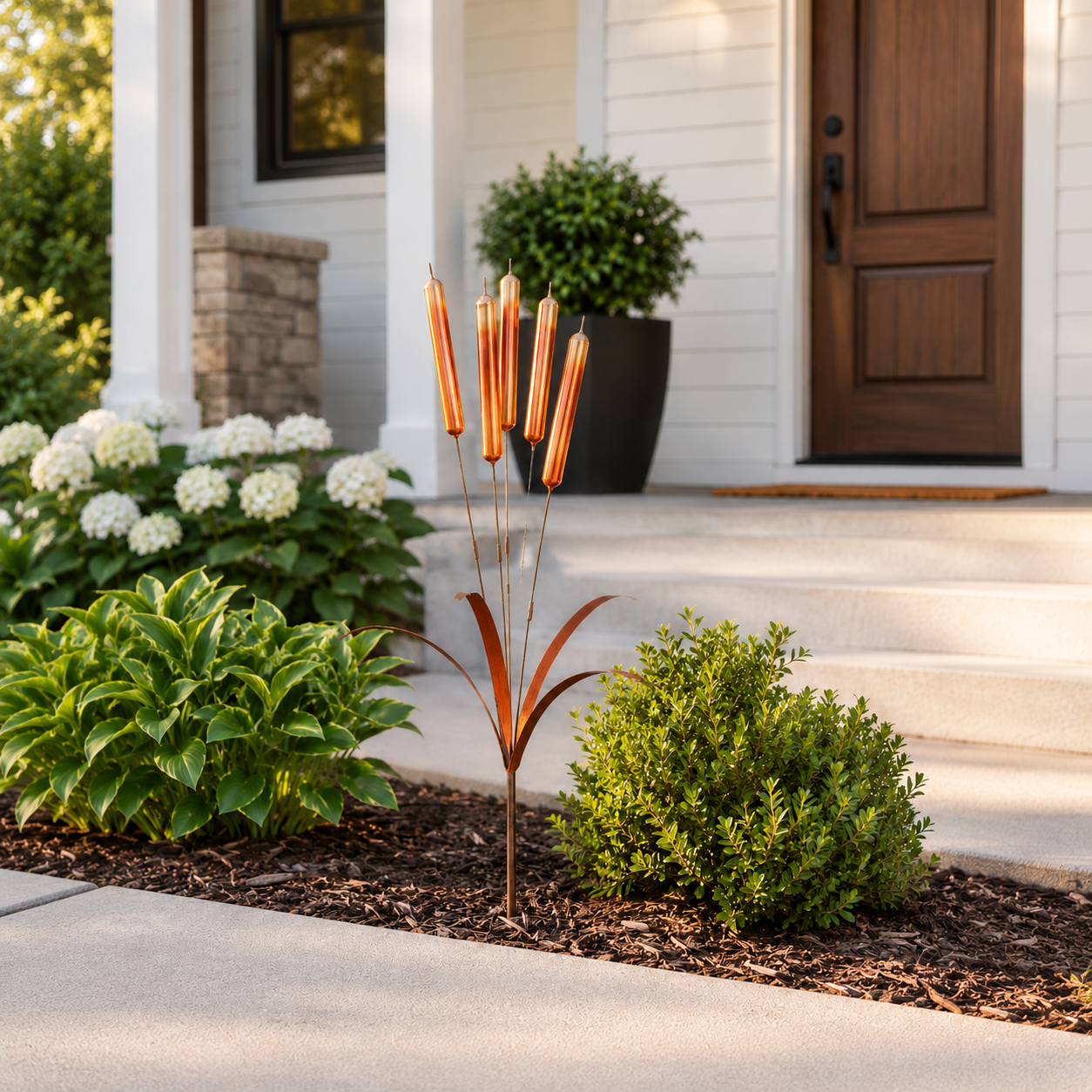 Copper Cattail Wind Chimes Metal Garden Stake Decor, 20 Inch Realistic Outdoor Yard Art