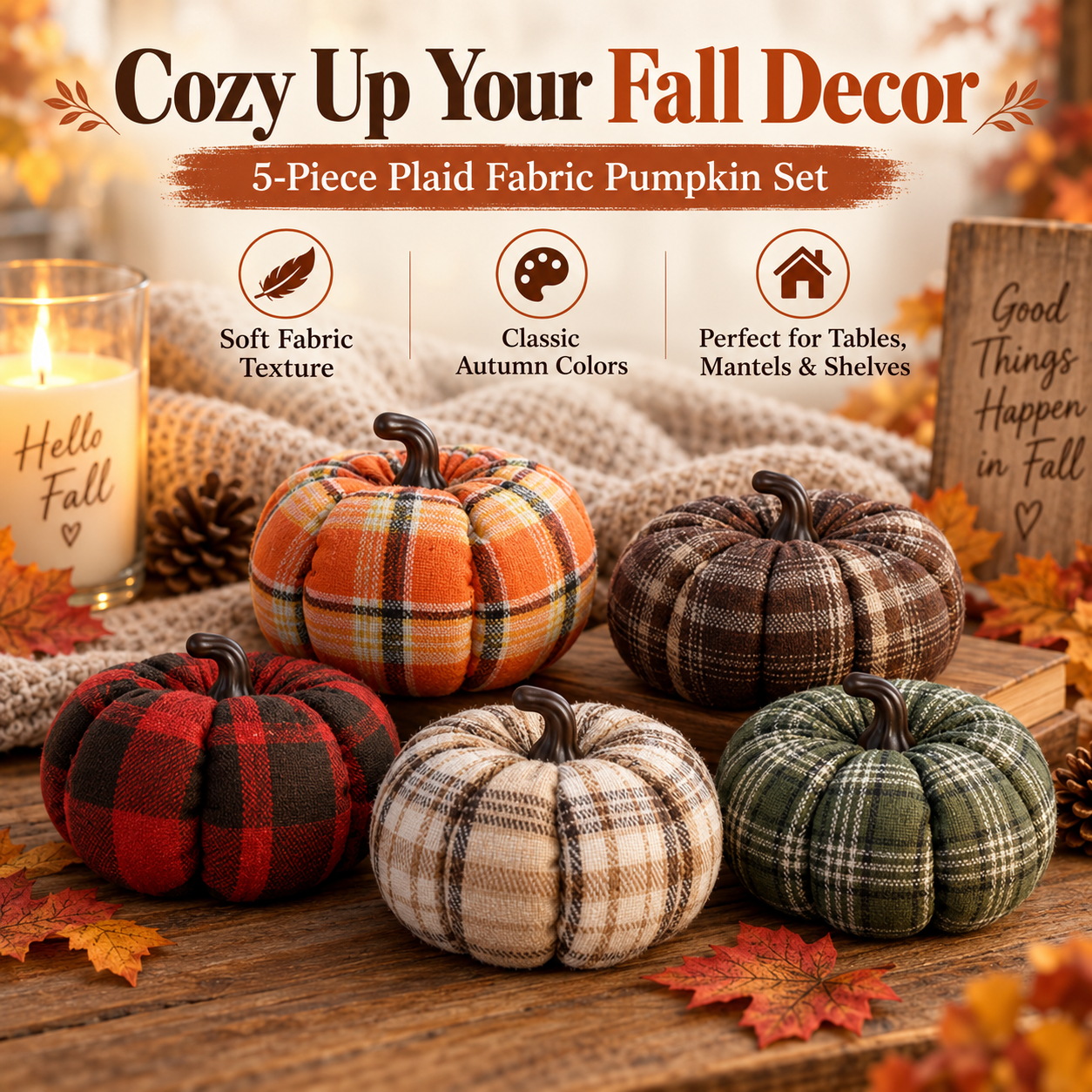 5-Pack Plaid Fabric Pumpkins Fall Decor Set – Cozy Rustic Thanksgiving Table Decorations 
