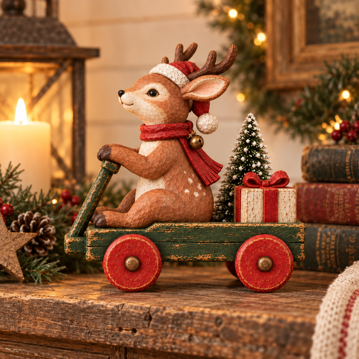 Vintage Christmas Reindeer Wagon Figurine