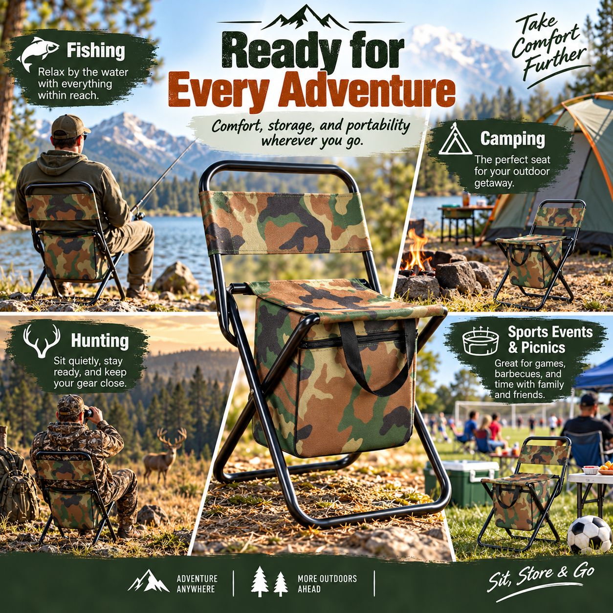 Portable Folding Camping Chair with Built-In Cooler Bag
