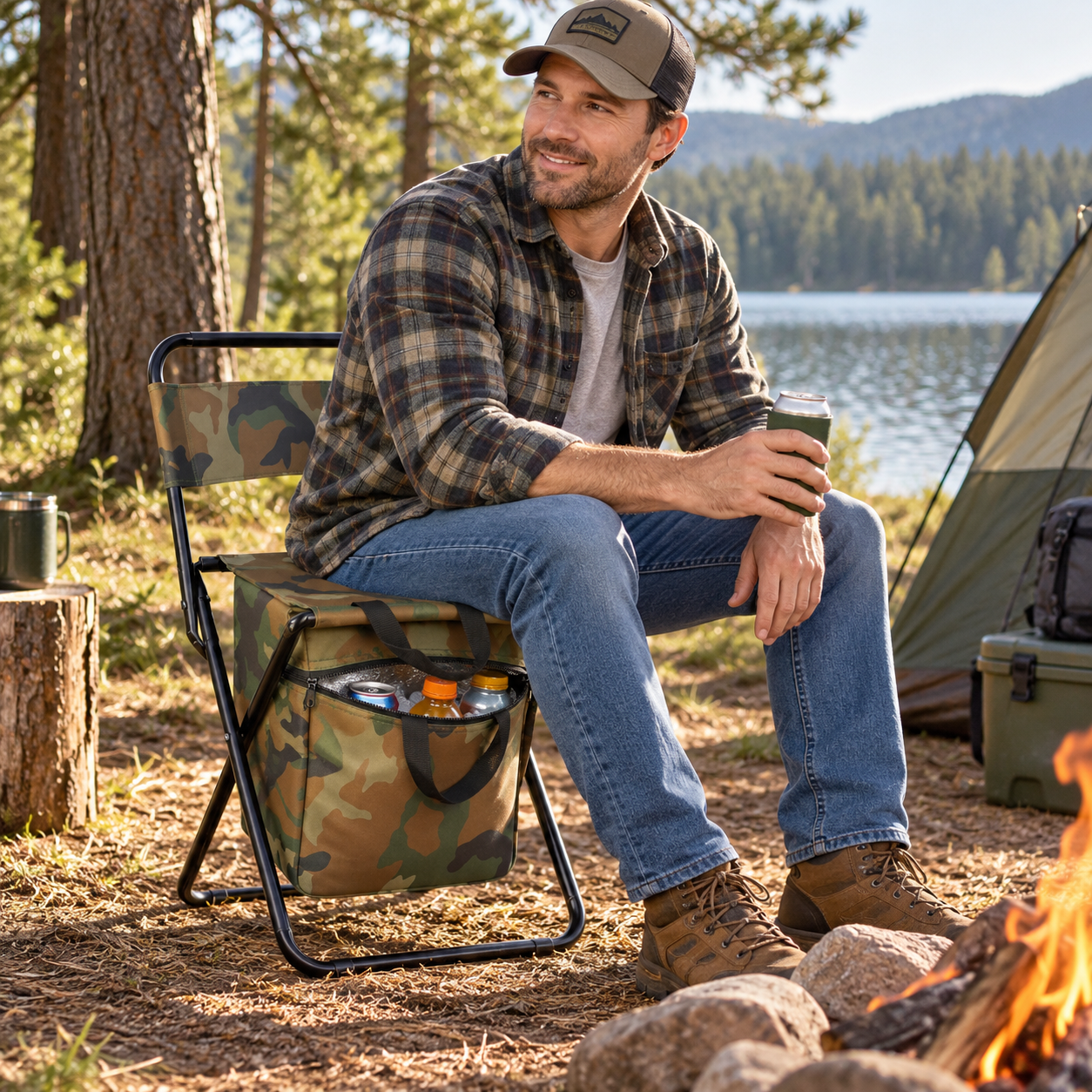 Portable Folding Camping Chair with Built-In Cooler Bag