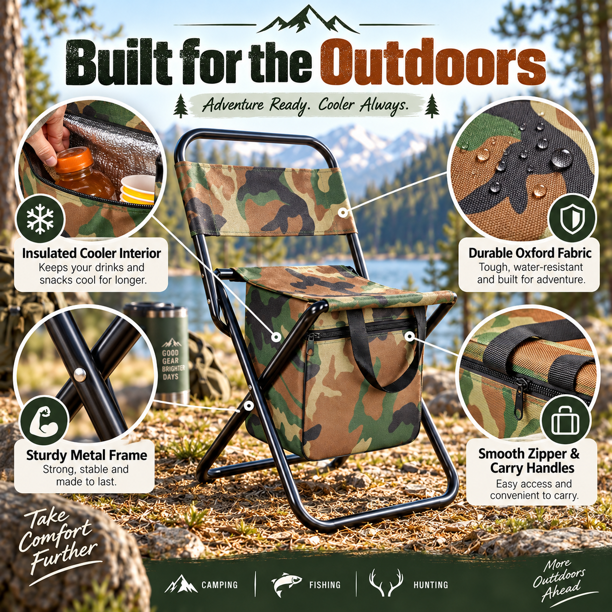 Portable Folding Camping Chair with Built-In Cooler Bag