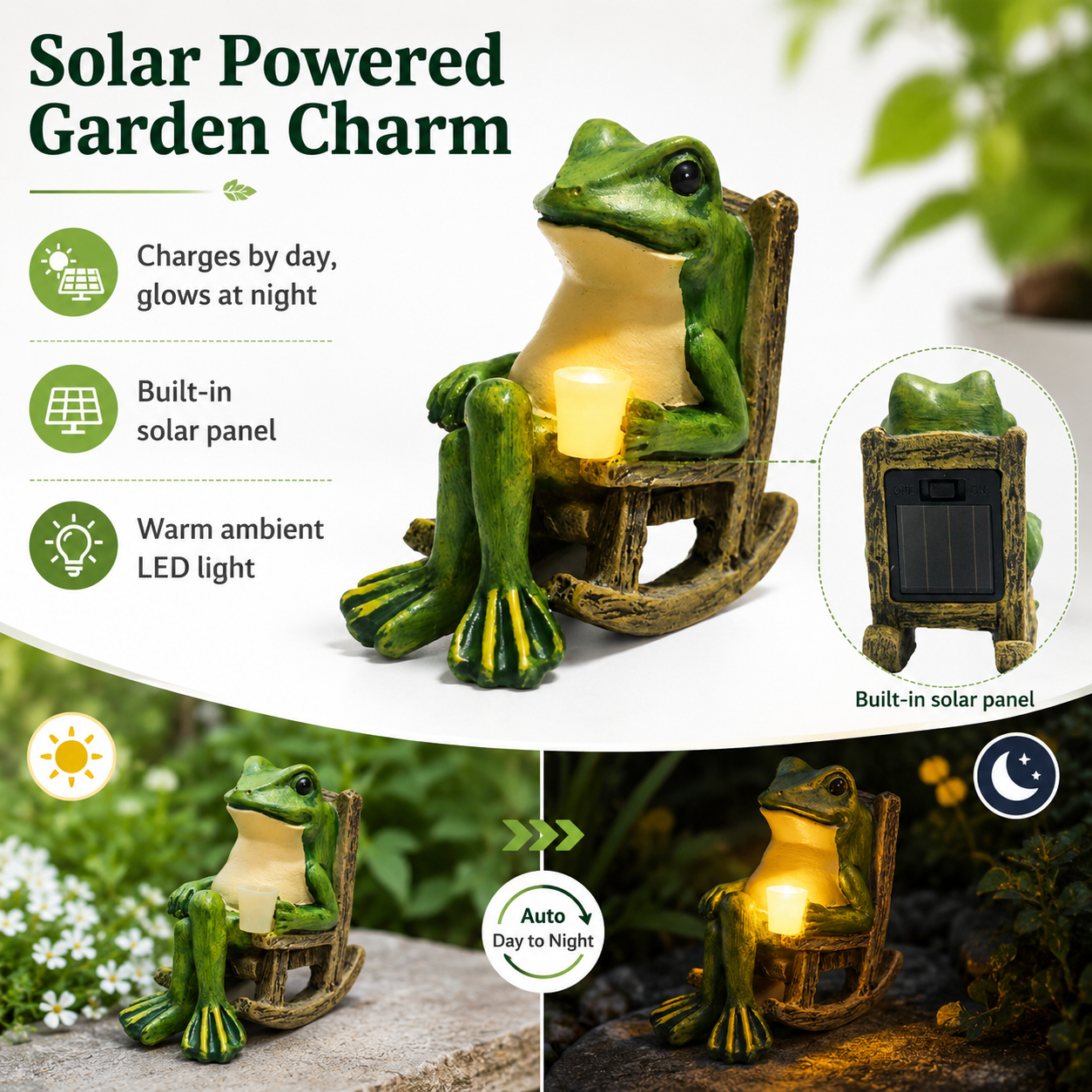 Solar Waterproof Creative Frog Light Garden Ornament, Cute Resin Frog Figurine for Patio