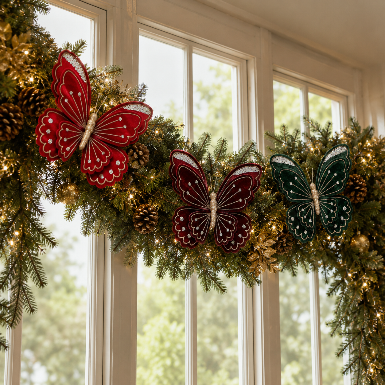 3-Piece Velvet Butterfly Christmas Decorations - 15.8 × 13.8 in