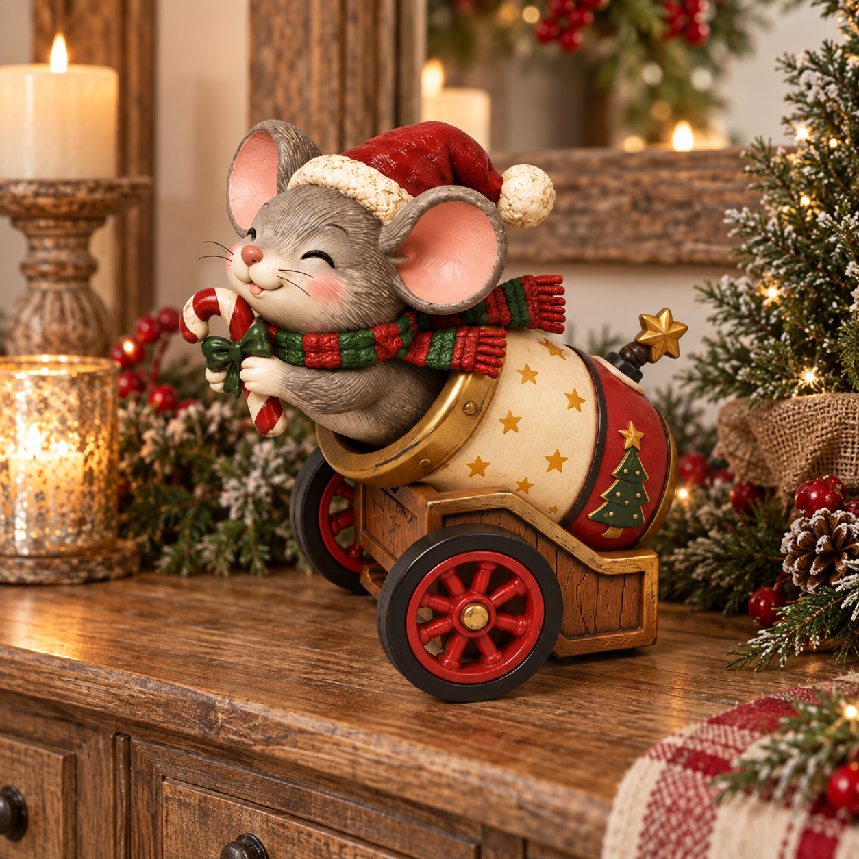 Vintage Christmas Mouse Cannon Figurine
