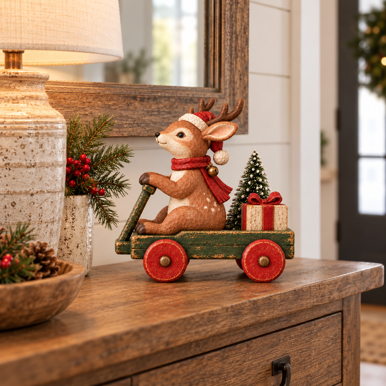 Vintage Christmas Reindeer Wagon Figurine